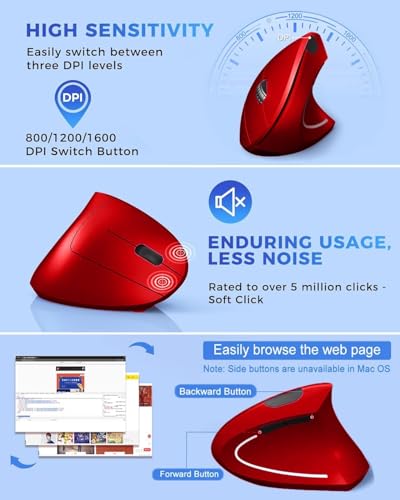 Ergonomic Mouse, Vertical Wireless Mouse 2.4G Rechargeable Optical Vertical Mouse High Precision Optical Mouse Adjustable800/1200/1600 Dpi 6 Buttons, For Laptop Etc, Red,Specially For Right-Handers