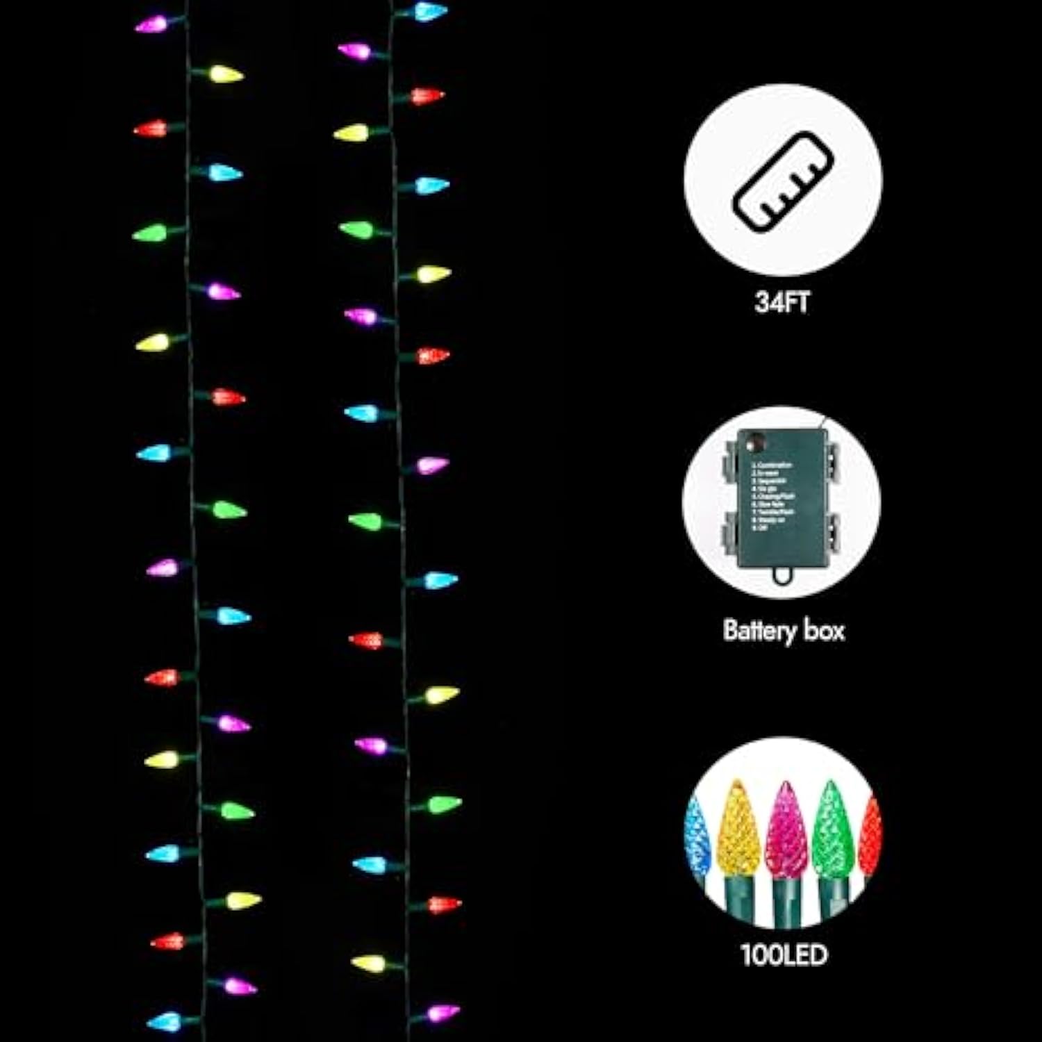 Battery Operated Christmas Lights, 100 Led 34Ft C6 String Lights With 8 Modes, Auto Timer, Waterproof For Indoor Outdoor