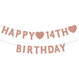Rose Gold 14Th Birthday Banner, Glitter Happy 14 Years Old Boy Or Girl Party Decorations, Supplies