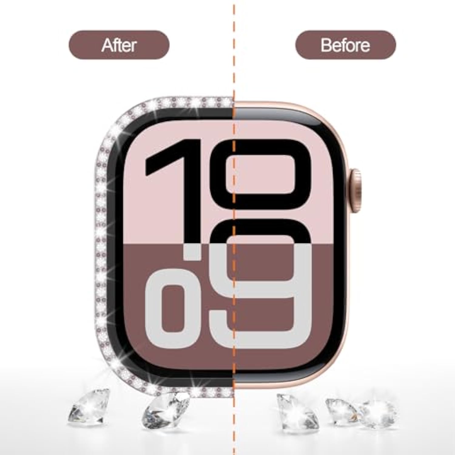 2-Pack Bling Case With Tempered Glass For Apple Watch Series 10 42Mm Screen Protector,Women Glitter Diamond Rhinestone Bumper Crystal Cover For Iwatch 10 42Mm Accessories,Rose Gold+Starlight