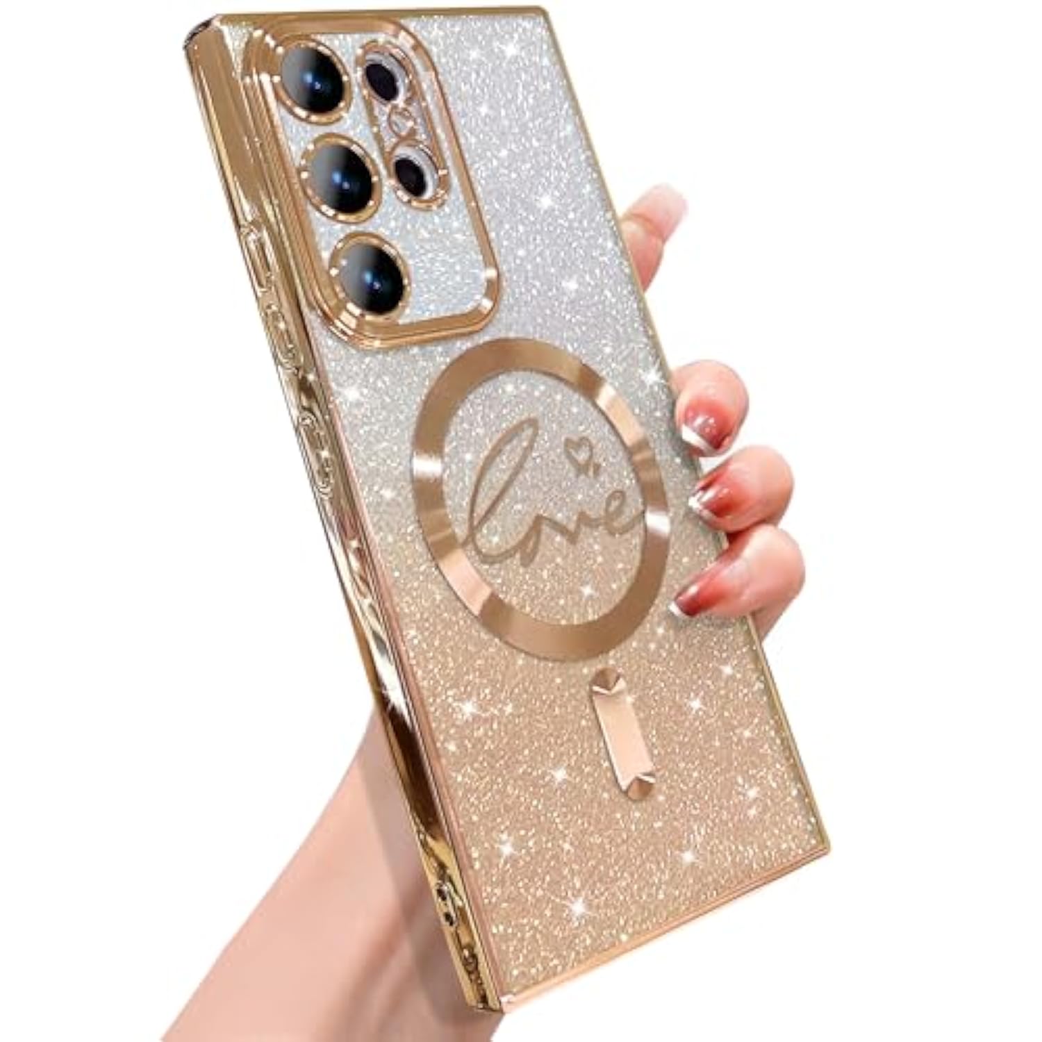 For Samsung Galaxy S23 Ultra Case Magnetic,For Women Girl Soft Cute Luxury Love Heart Plating Bling Gradient Glitter Phone Case Compatible With Magsafe Clear Shockproof Back Cover 6.8”-Gold