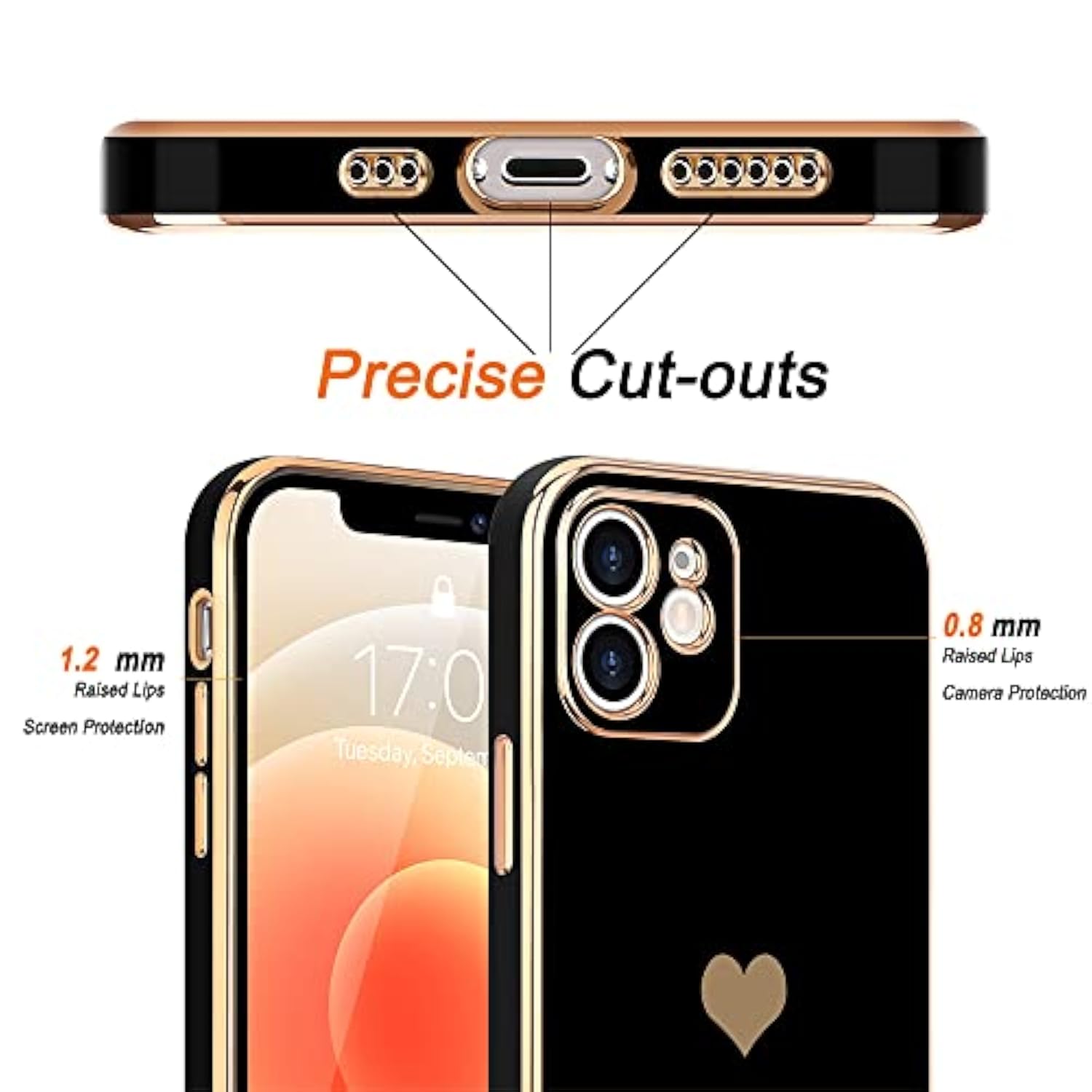 Compatible With Iphone 12 Case For Women Girl Cute Love-Heart Luxury Bling Plating Soft Back Cover Raised Full Camera Protection Bumper Silicone Shockproof Phone Case For Iphone 12, Black