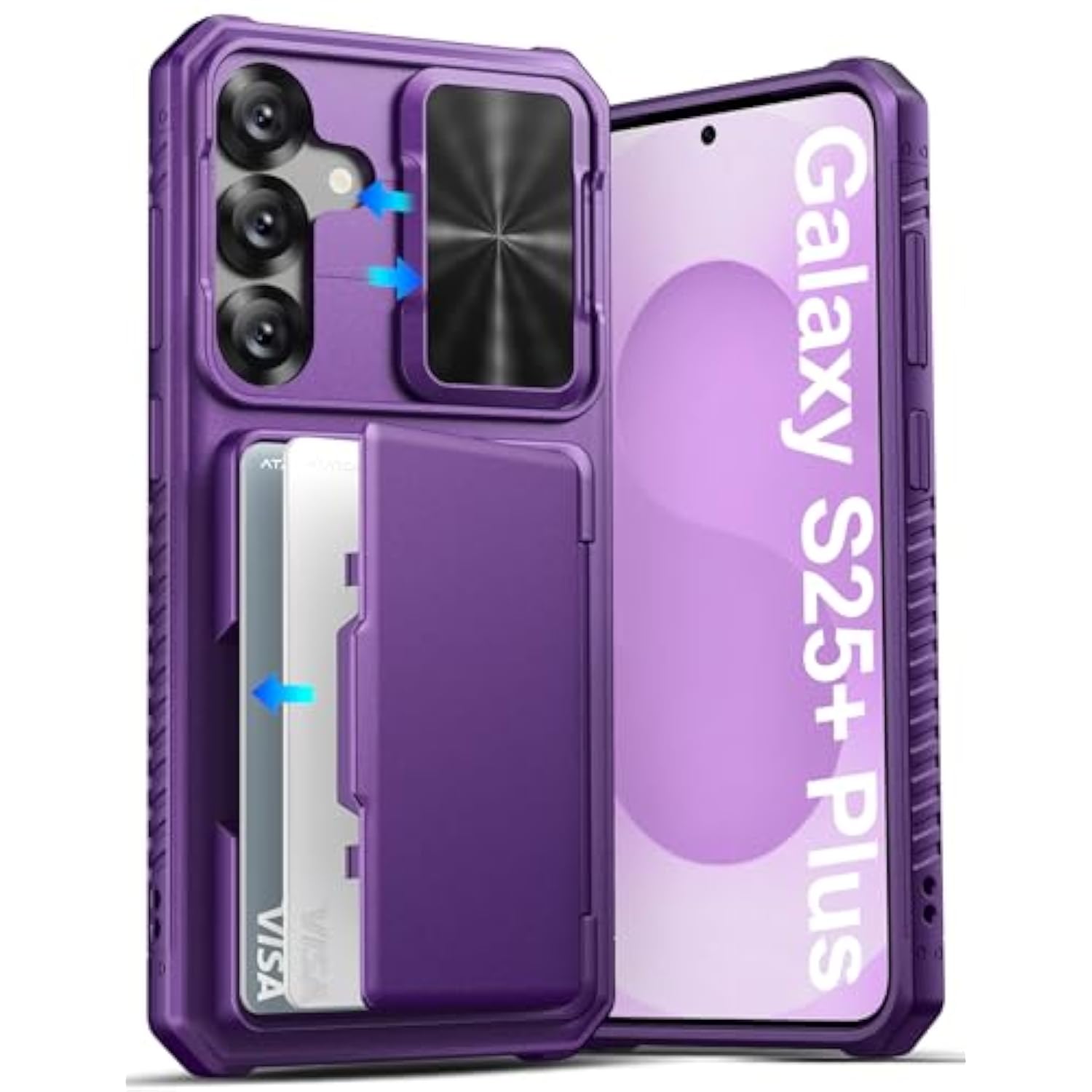 Samsung Galaxy S25+ Plus Case with Card Holder, Slide Camera Cover, RFID, Purple