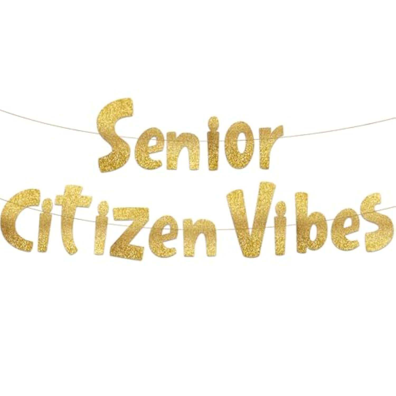 "Senior Citizen Vibes" gold glitter birthday banner for milestone adult celebrations