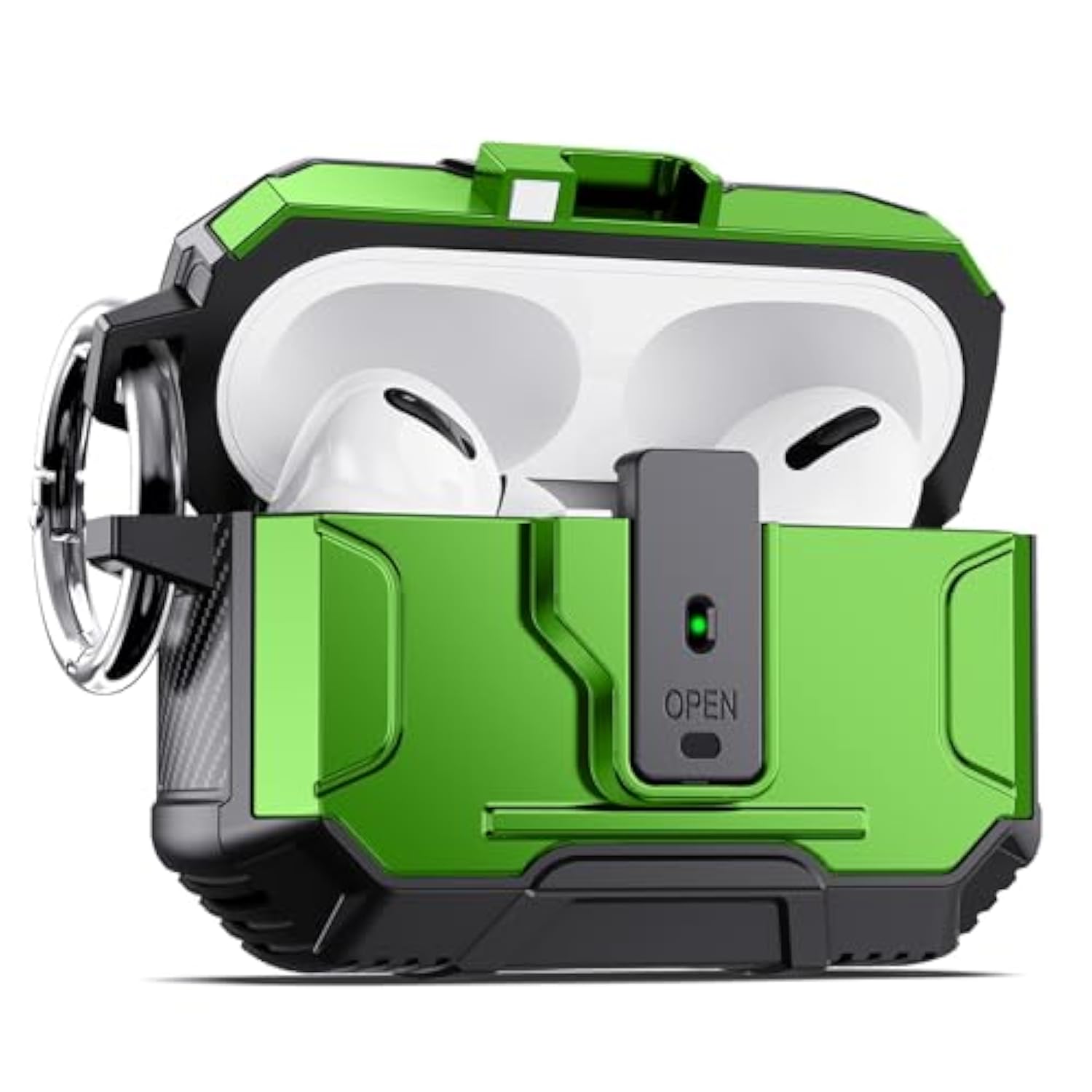 Armor Earphone Cover Case For Airpods Pro 2, Military Grade Full Body Shockproof Protection Hard Case, Support Wireless Charging With Keychain, Magnetic Lid, Front Led Visible, Green