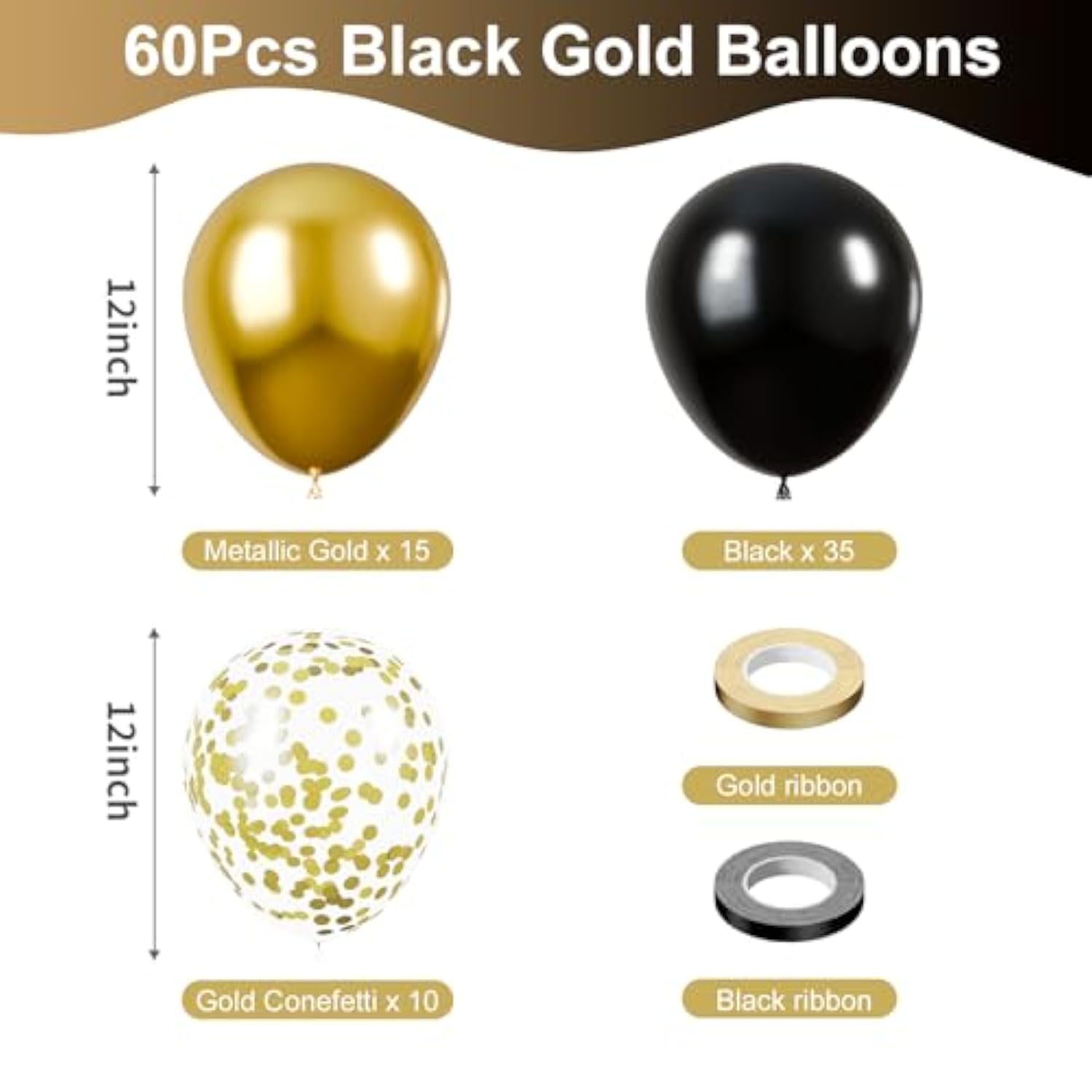 60 Pack Black Gold Latex Balloons 12 Inch Metallic Confetti Party Decorations