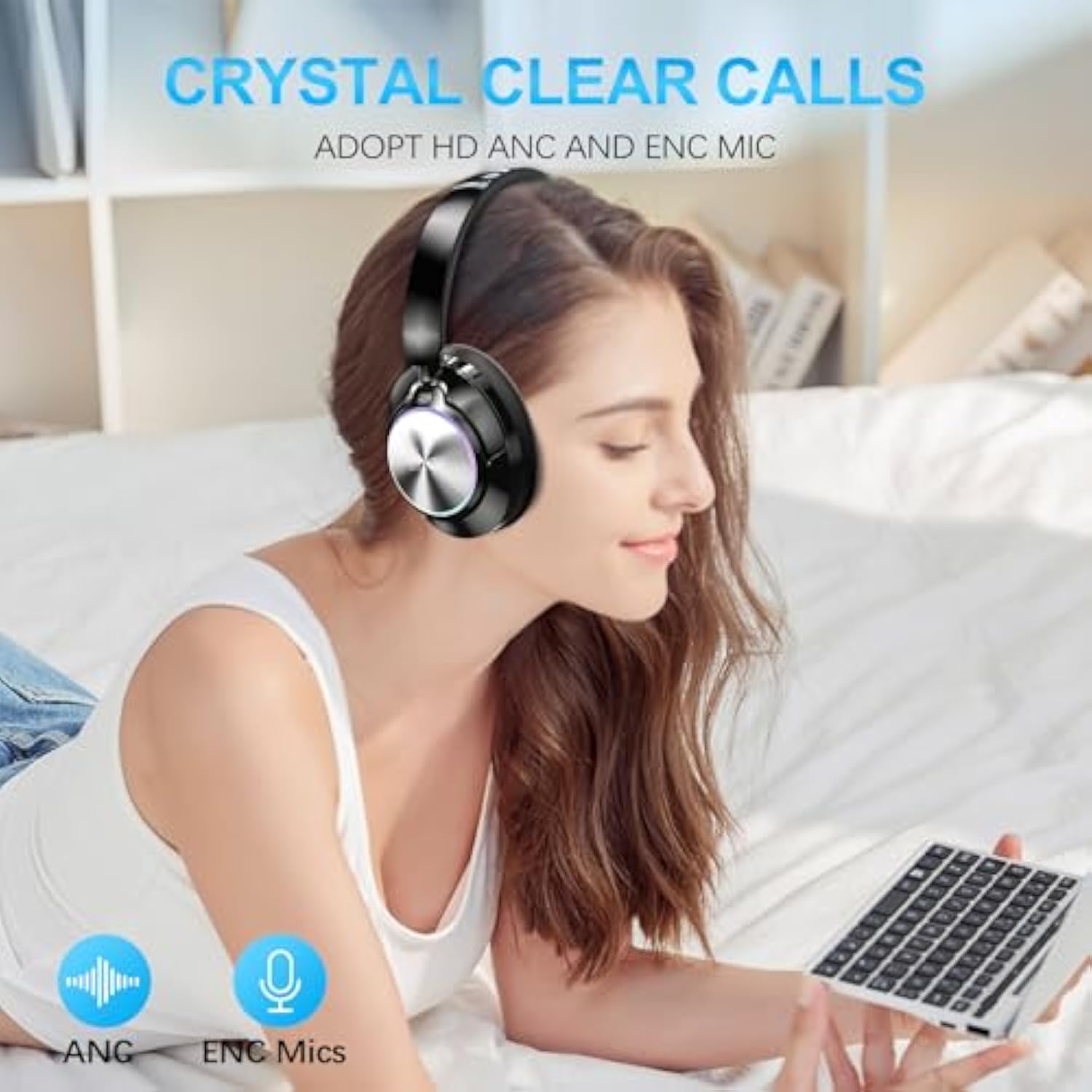 Noise Cancelling Over Ear Wireless Bluetooth Headphones With Microphone, 65H Playtime, Clear Calls, Comfort Fit For Travel (Beige)