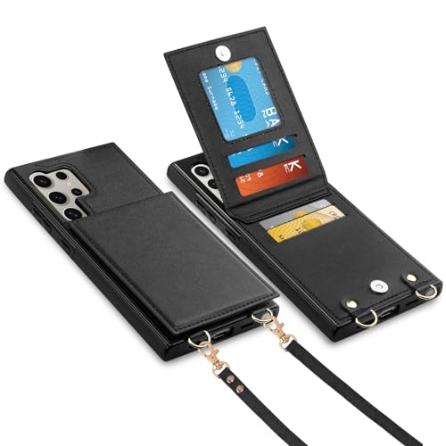 for  Galaxy S24 Ultra Wallet Case with Card Holder, Crossbody Lanyard Strap PU Leather Case with Magnetic Clasp Kickstand, Heavy Duty