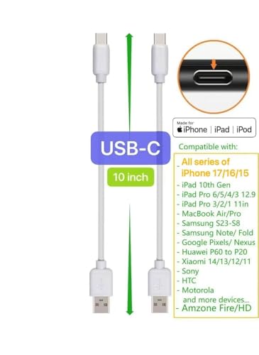 10-inch Short Mixed USB & USB-C Cables for Multiple Devices (10-Pack), Compatible/w Charging Station, iPhone17,16,15,14,13,12,11,X/iPad/