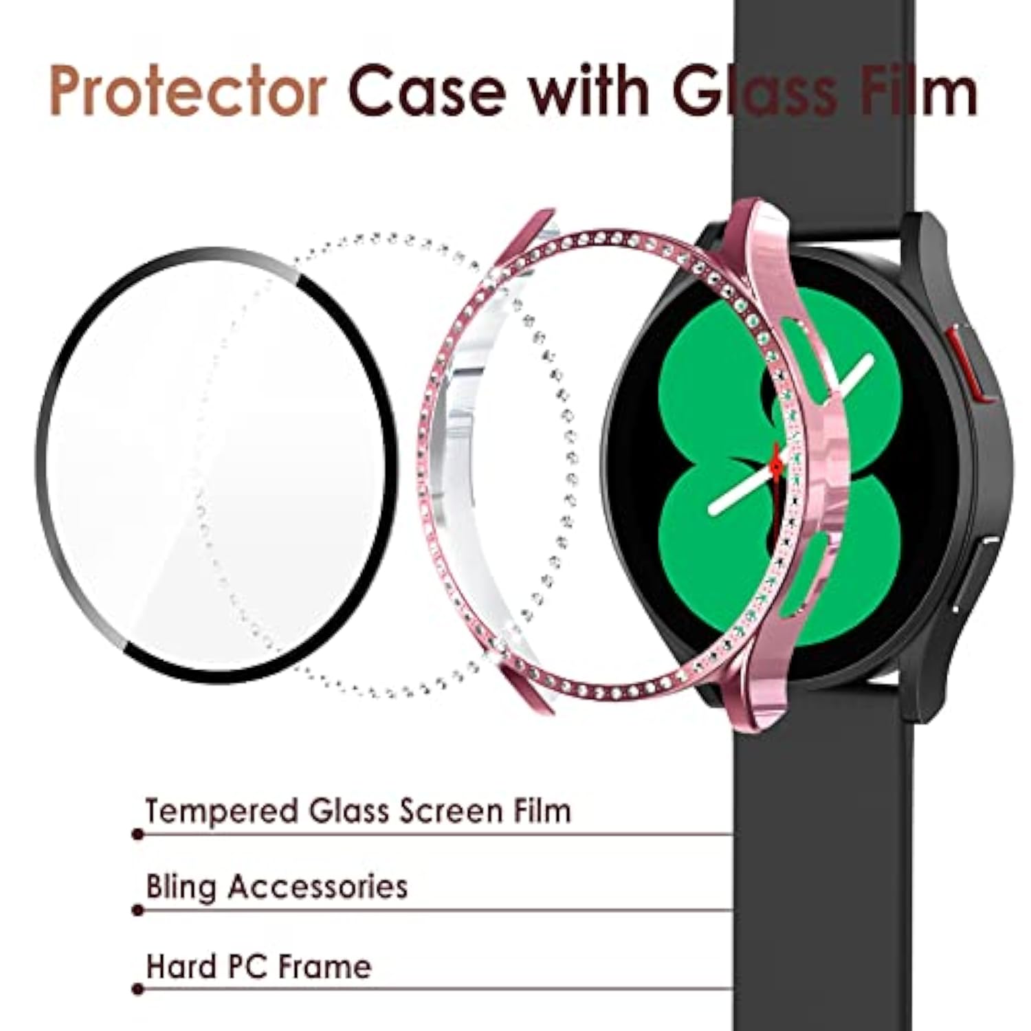 5Pack Screen Protector Compatible With Samsung Galaxy Watch 4 (44Mm) Smartwatch Only, Bling Hard Pc Case Built-In Glass Screen Protector, Women Men Gold/Pink/Black/Silver/Clear