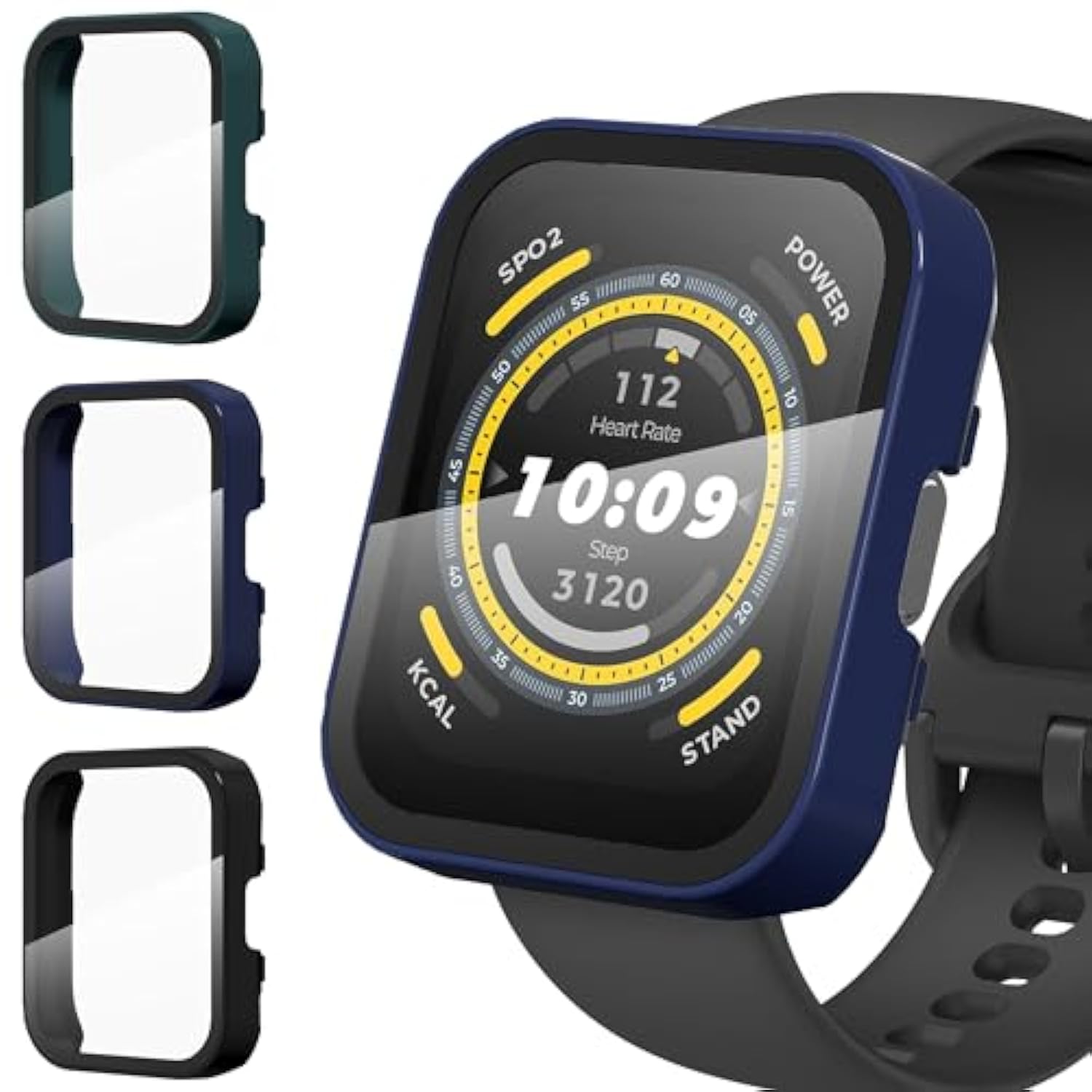 3-Pack For Amazfit Bip 5 Smartwatch Case, 9H Tempered Glass Screen Protector + Full Coverage Durable Pc Hard Protective Bumper Cover -Black+Blue+Green