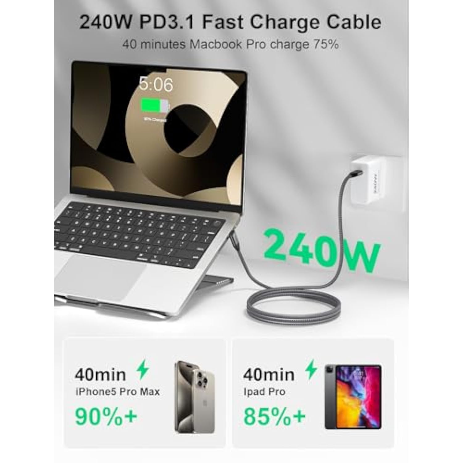 240W Usb C To Usb C Cable, Right Angle Usb C 3.2 Gen 2 Cable 20Gbps Usb Type C