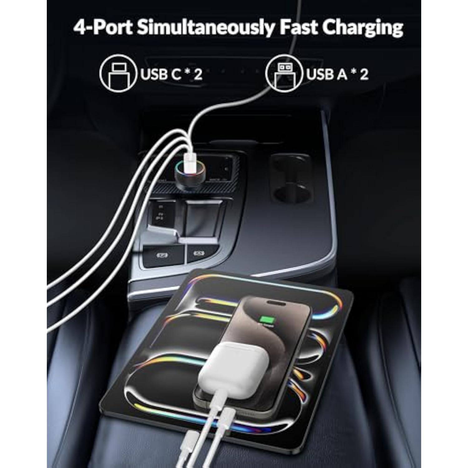Car Charger Usb C, 4-Port 90W Super Fast Charging Car Phone Charger Accessories Dual Usb-C & Usb-A Cargador Carro Cigarette Lighter Adapter For Iphone 16 15 14 13 12 11, Ipad, Samsung, Tablet, Android