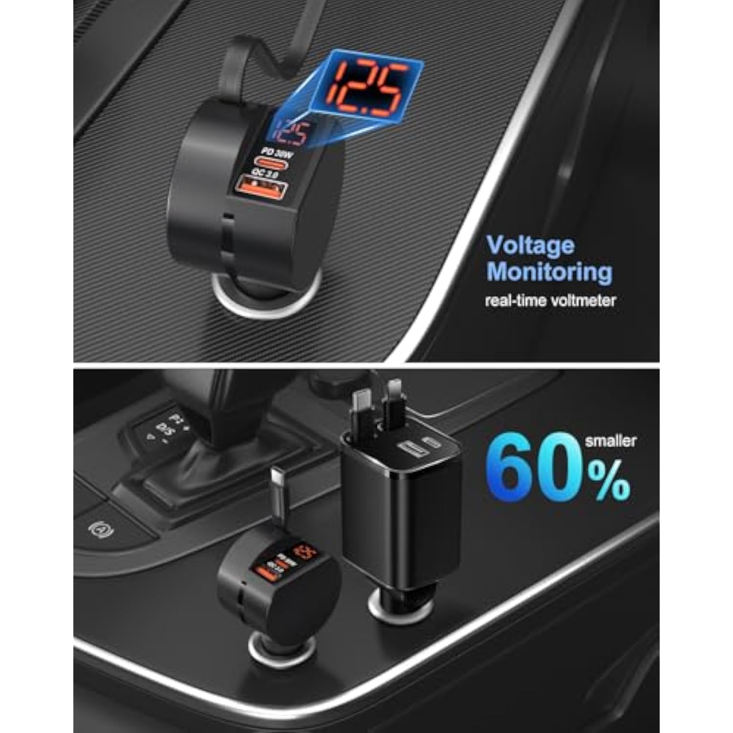 Usb C Car Charger For Iphone 17 16 Pro Max, Retractable Car Charger 78W Fast Charging Cigarette Lighter Adapter Voltmeter Multi-Ports For Iphone 15 Ipad Galaxy S25, With 6Ft Usb C To C Cable