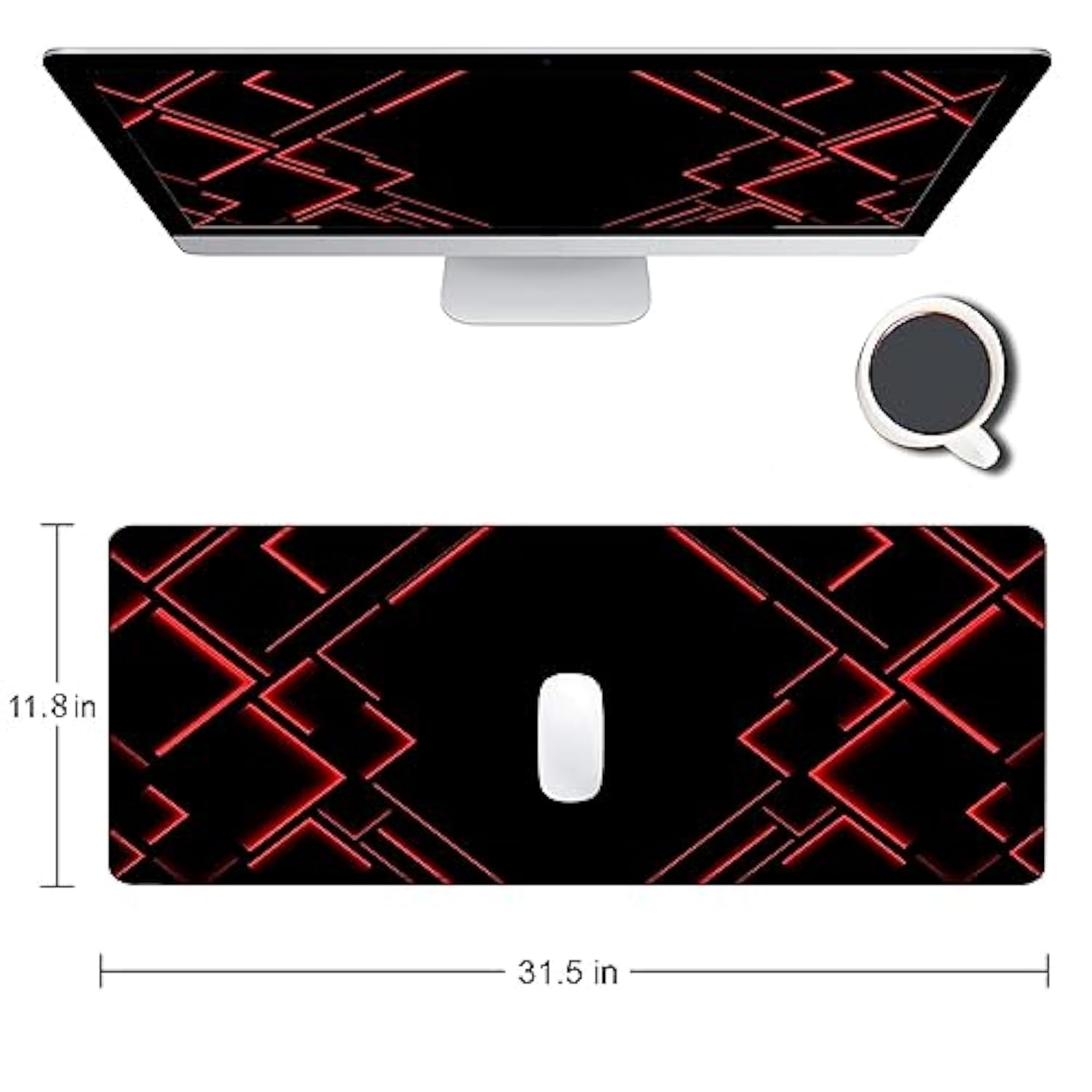 Large Mouse Pad Gaming, Black Extended Mousepad With Stitched Edges, Non-Slip Rubber Base Keyboard Mouse Mat Desk Pad For Work, Game, Office, Home, 31.5 X 11.8 In, Red Ray