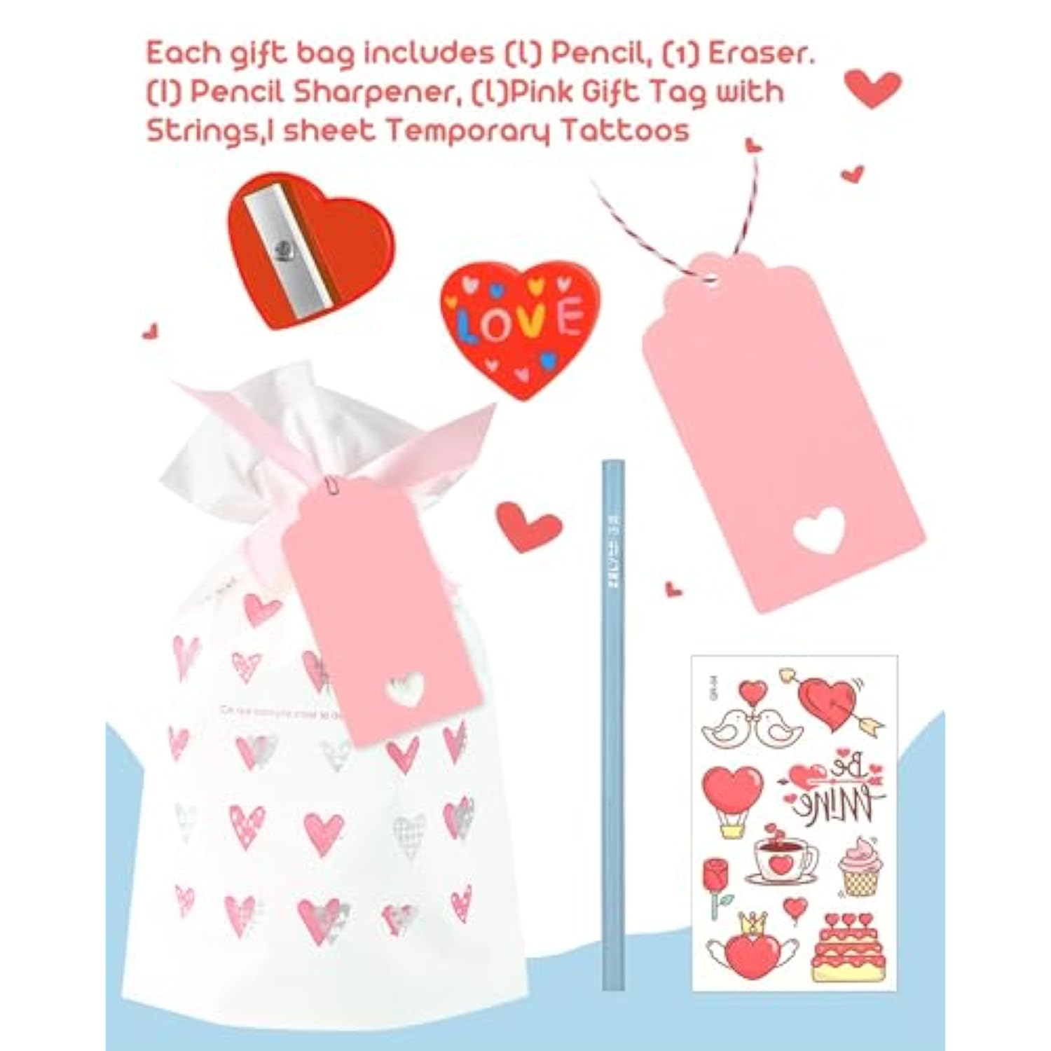 Class Valentines Day Gifts For Kids - 28 Pack Valentines Stationery Sets With Pencil Erasers Sharpener Tattoo Sticker - School Valentines Classroom Exchange Party Favors