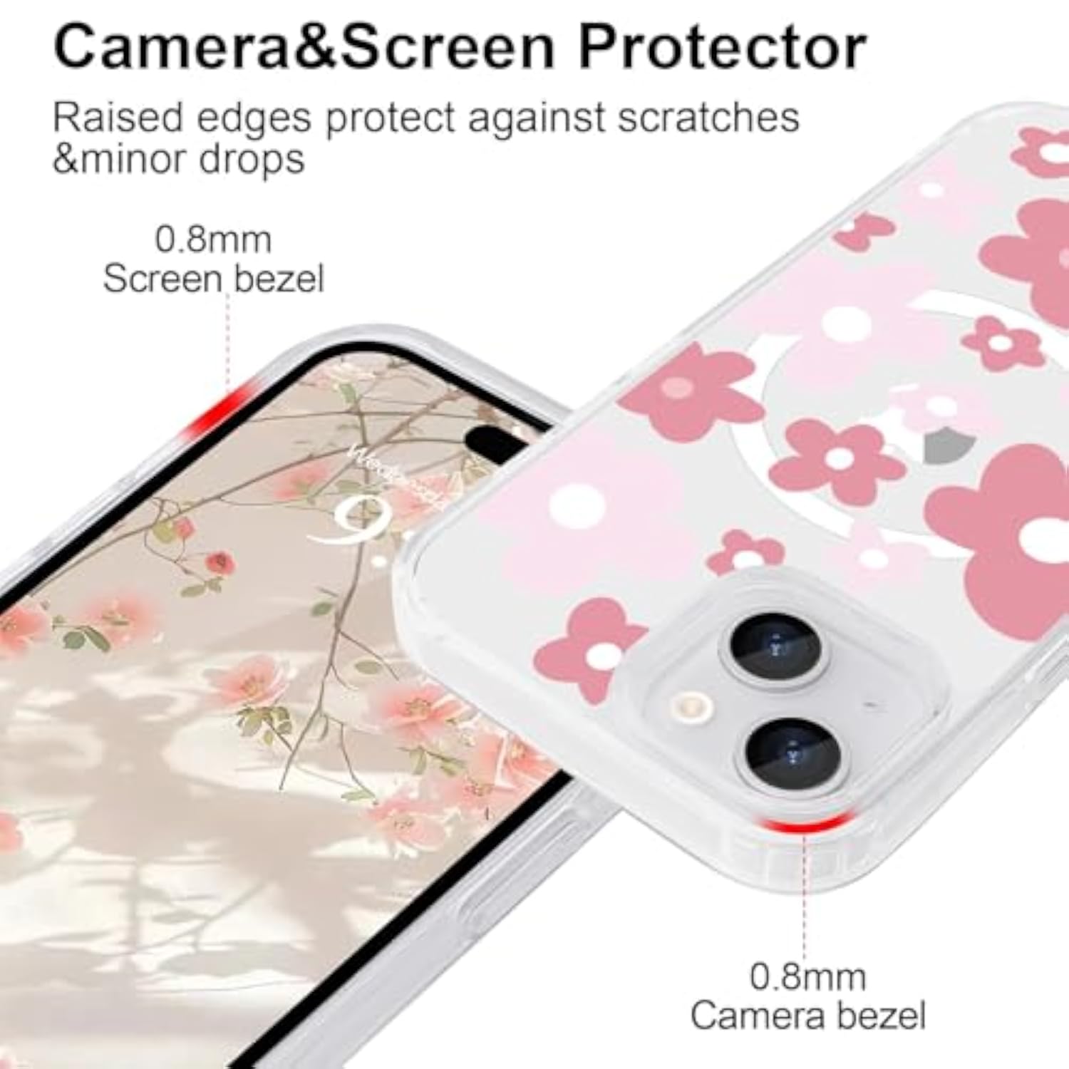 Clear Pink Floral Magnetic Case for iPhone 15