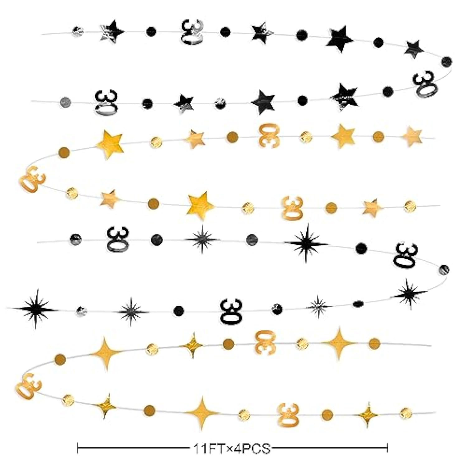 Black & Gold 30th Birthday Decorations – Star Garland, Streamers and Banner for Dirty 30 Party