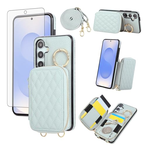 Phone Case for  Galaxy A57 5G Zipper Wallet Cell Cover with Tempered Glass Screen Protector Ring Credit Card Holder Slot Crossbody Strap
