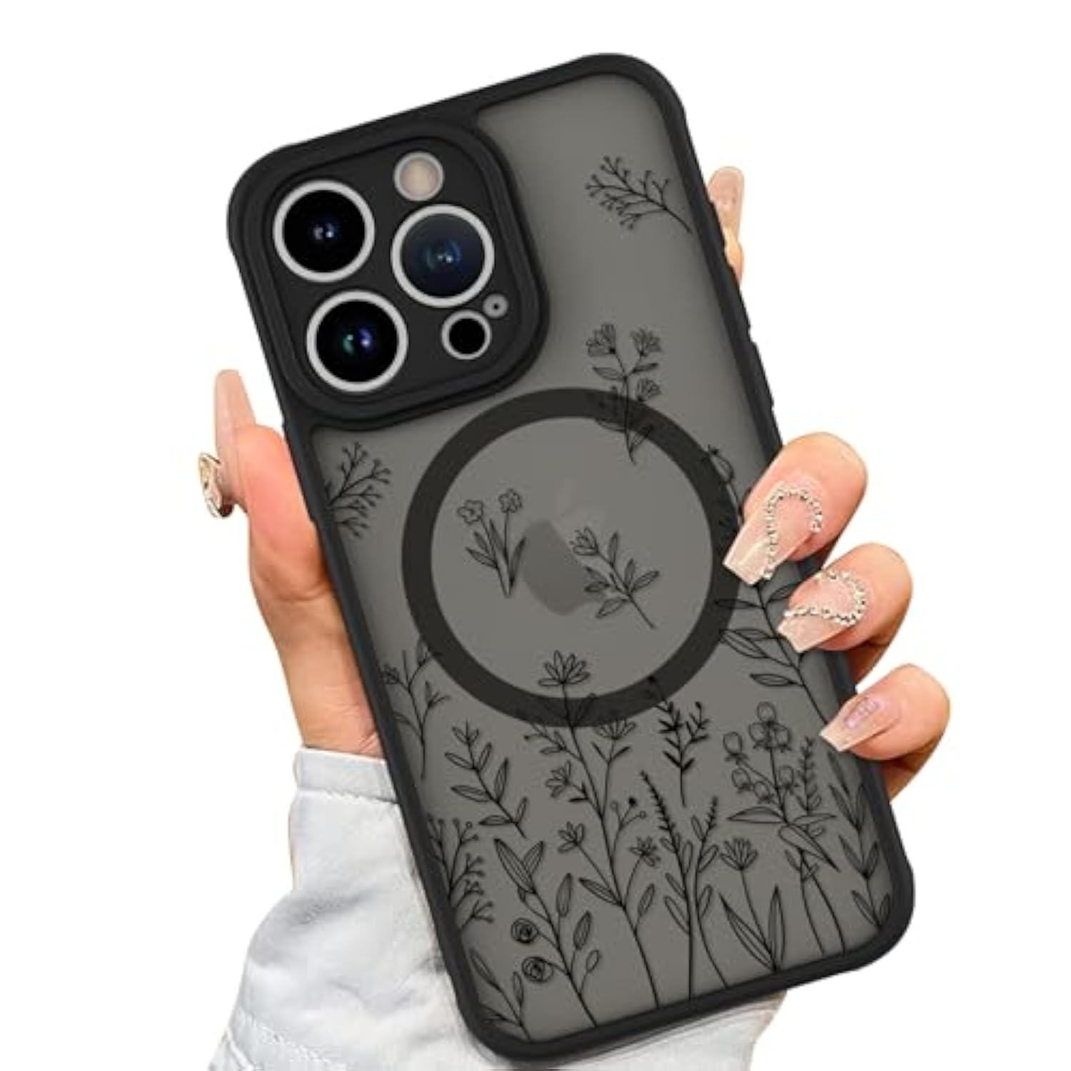 Magnetic Case For Iphone 15 Pro [Compatible With Magsafe] Cute Black Flower Floral For Women Girls Soft Tpu Bumper Hard Pc Back Anti-Fall Shockproof Protective Slim Cover