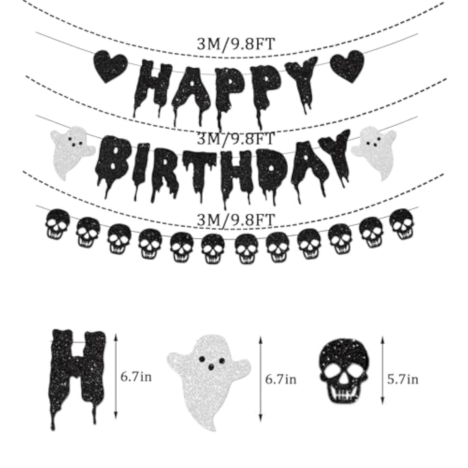 Black Glitter Halloween Birthday Banner Skull Heart Garland Party Decoration
