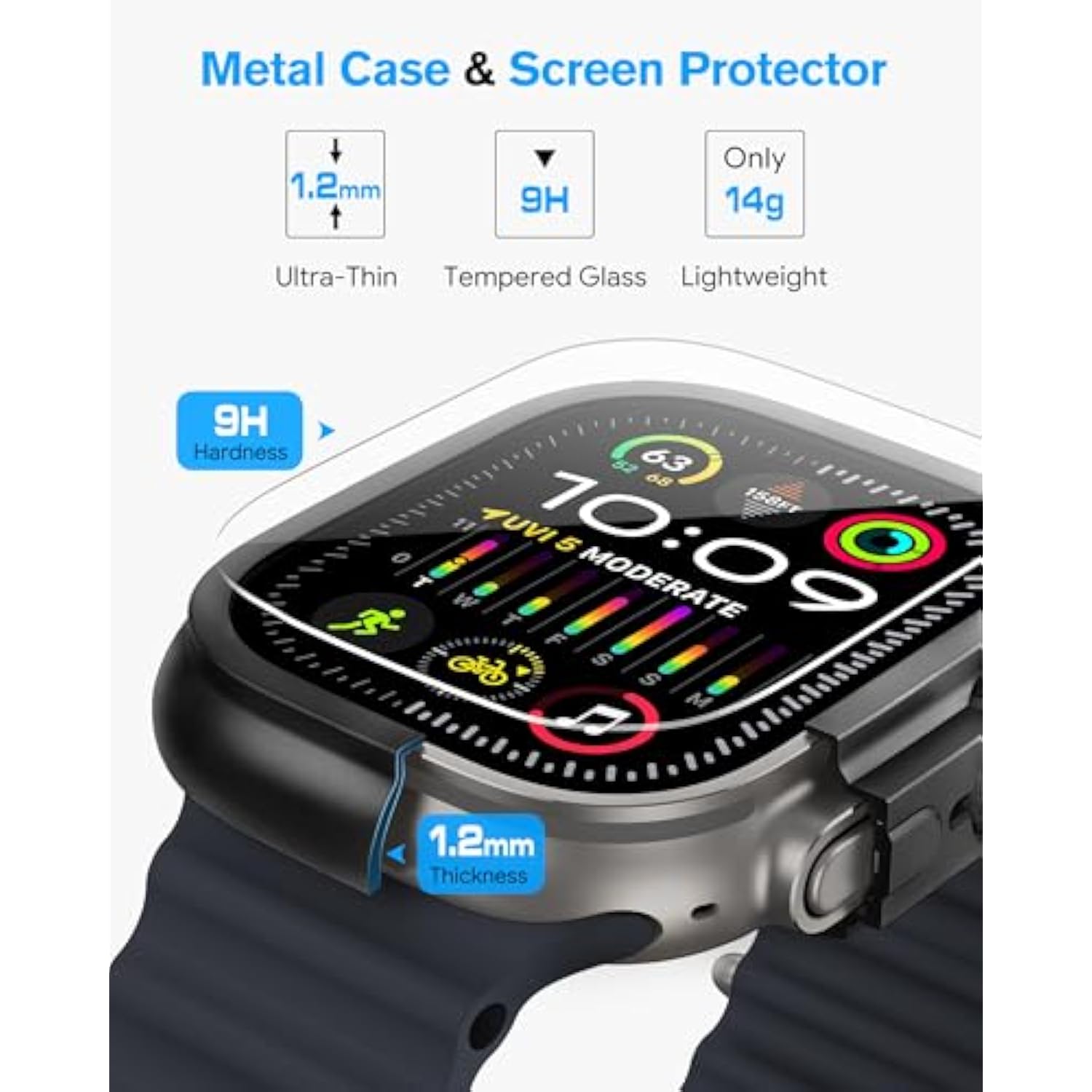 Metal Case Screen Protector Cover For Apple Watch Ultra 2/Ultra 49Mm, W3 Rugged Bumper Thin Frame + 9H Tempered Glass Film + Ceramic-Like Back Cover, [Stylish] [Waterproof], Matte Black