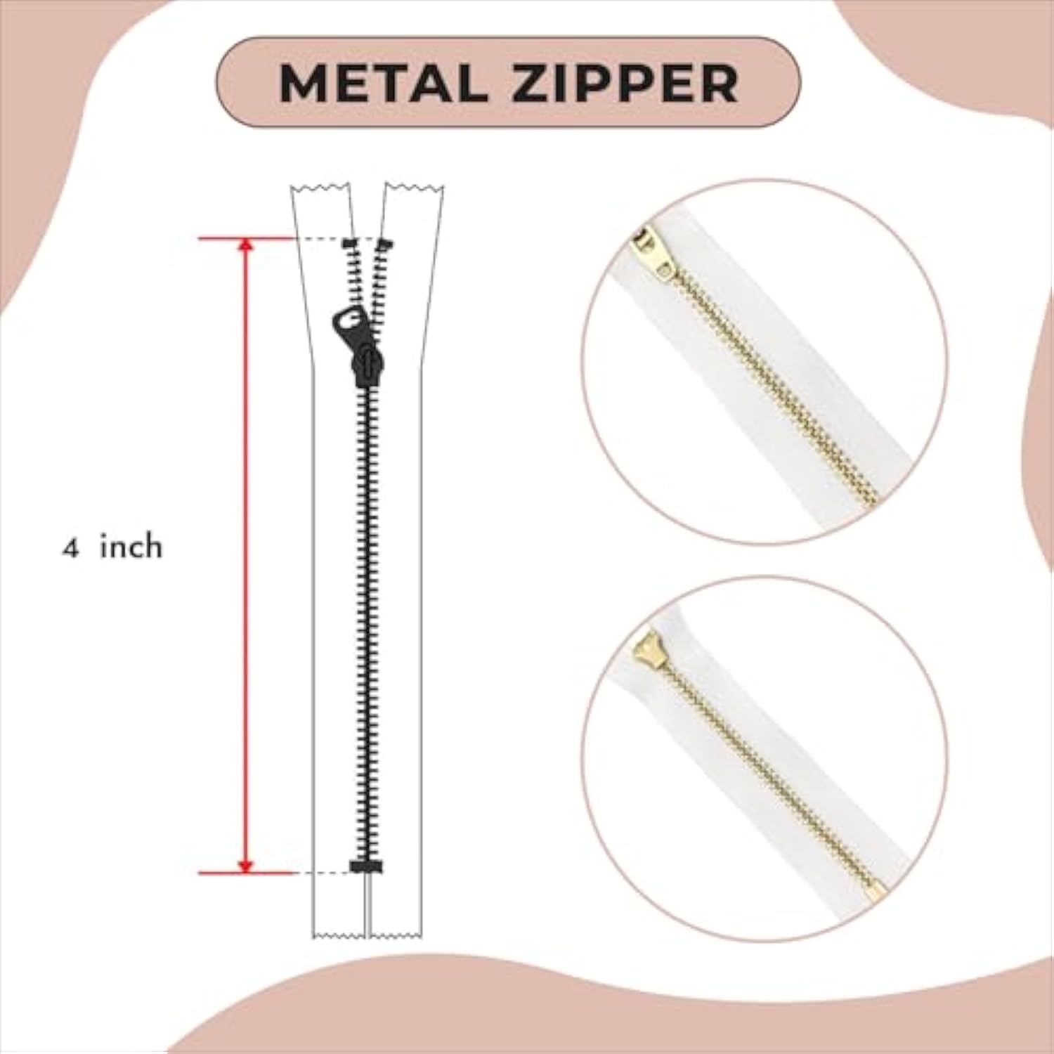 4 Inch Metal Zipper White 4" Antique Brass Metal Heavy Duty Zippers No