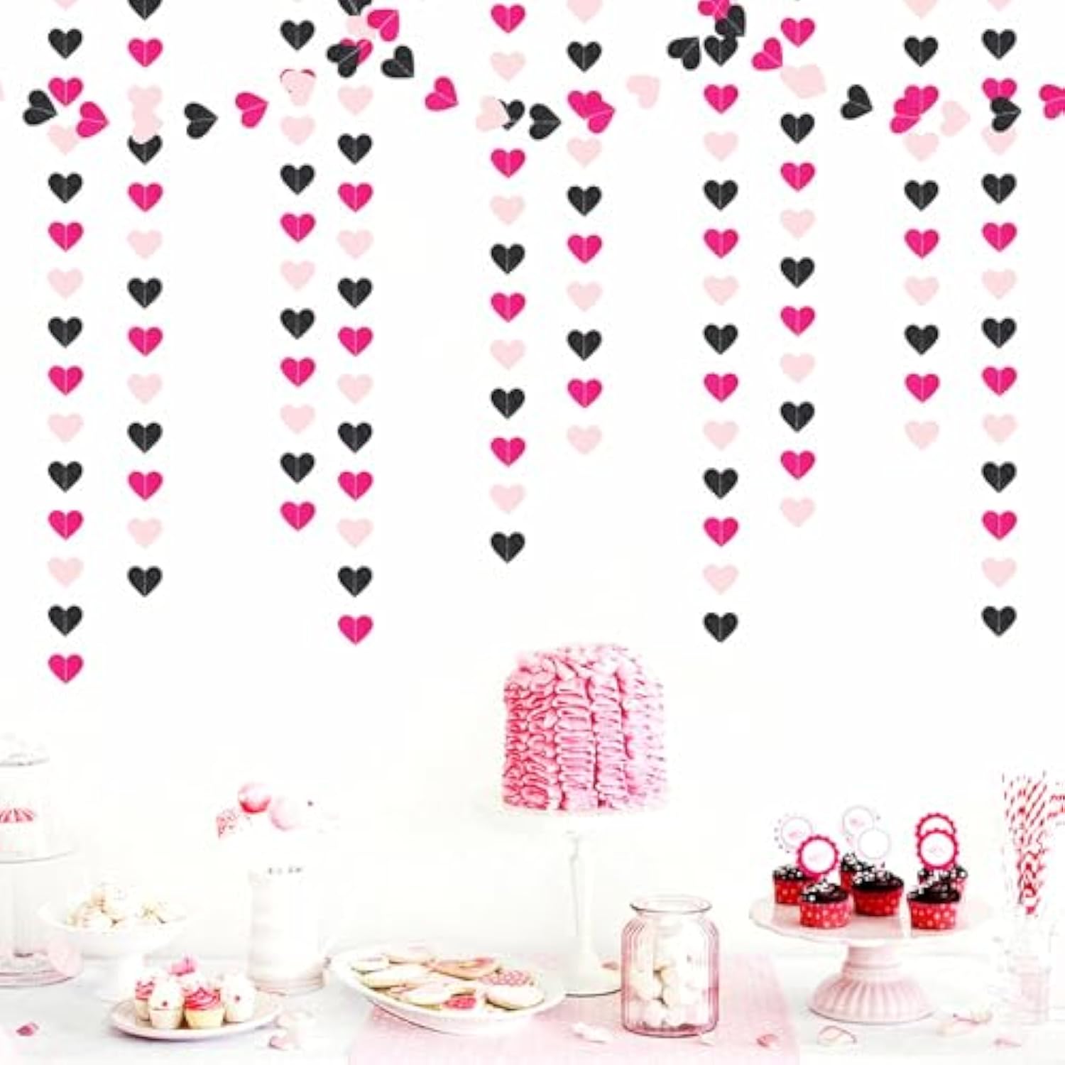62Ft Hot Pink & Black Heart Streamers Birthday/Wedding Hanging Garland Banner