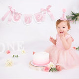 Pink Gingham First Birthday Party Decoration Set, One Banner 80 Inches, Pink Gingham Party Hat, 5.5 Inches, Pom Pom Topper With Number 1, Girls Birthday Decoration