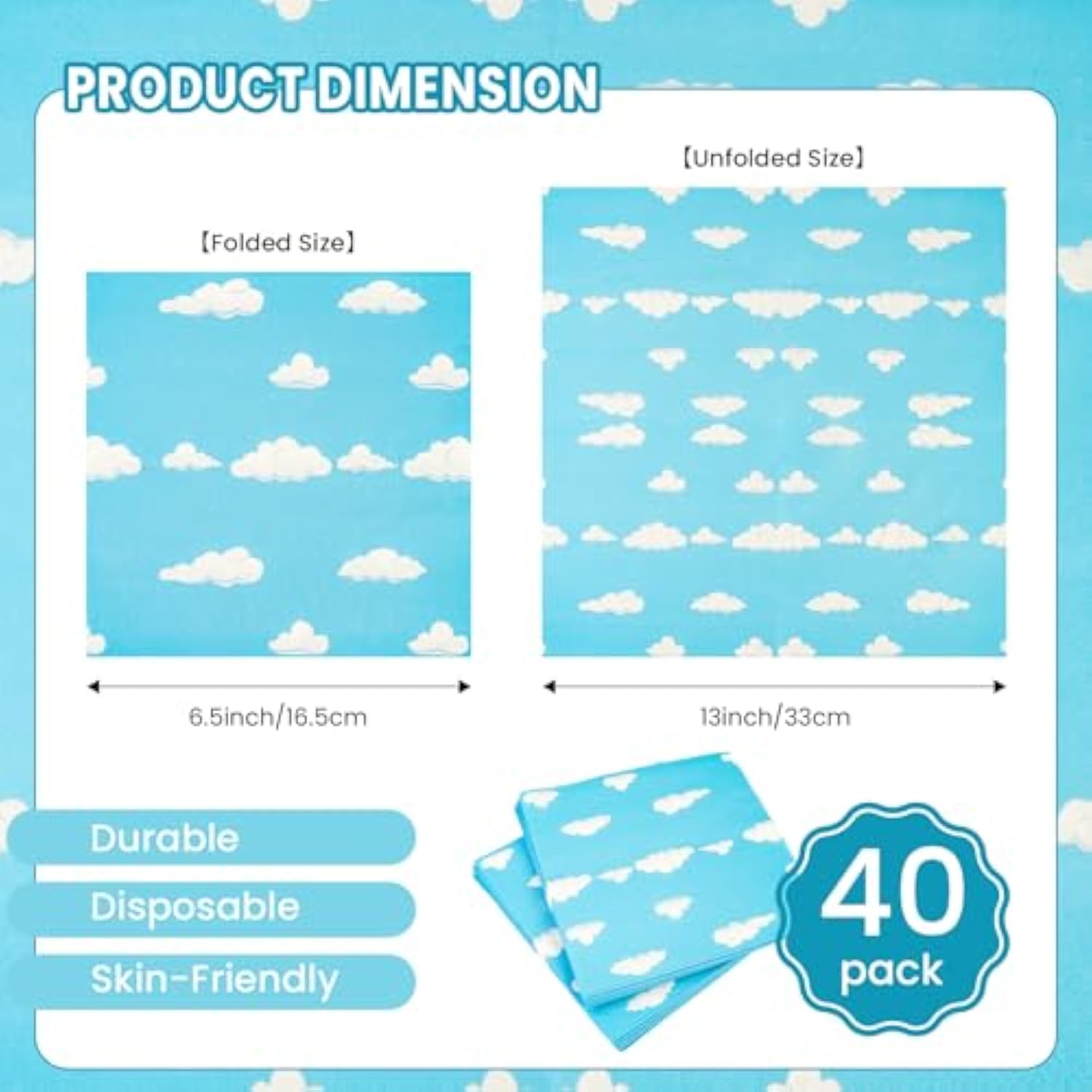 40Pcs Blue Sky Clouds Napkins - Folded 6.5 X 6.5 Inches Luncheon Napkins Disposable Paper Napkins Party Supplies For Kids Cartoon Story Theme Birthday Kids Baby Shower Outdoor Camping