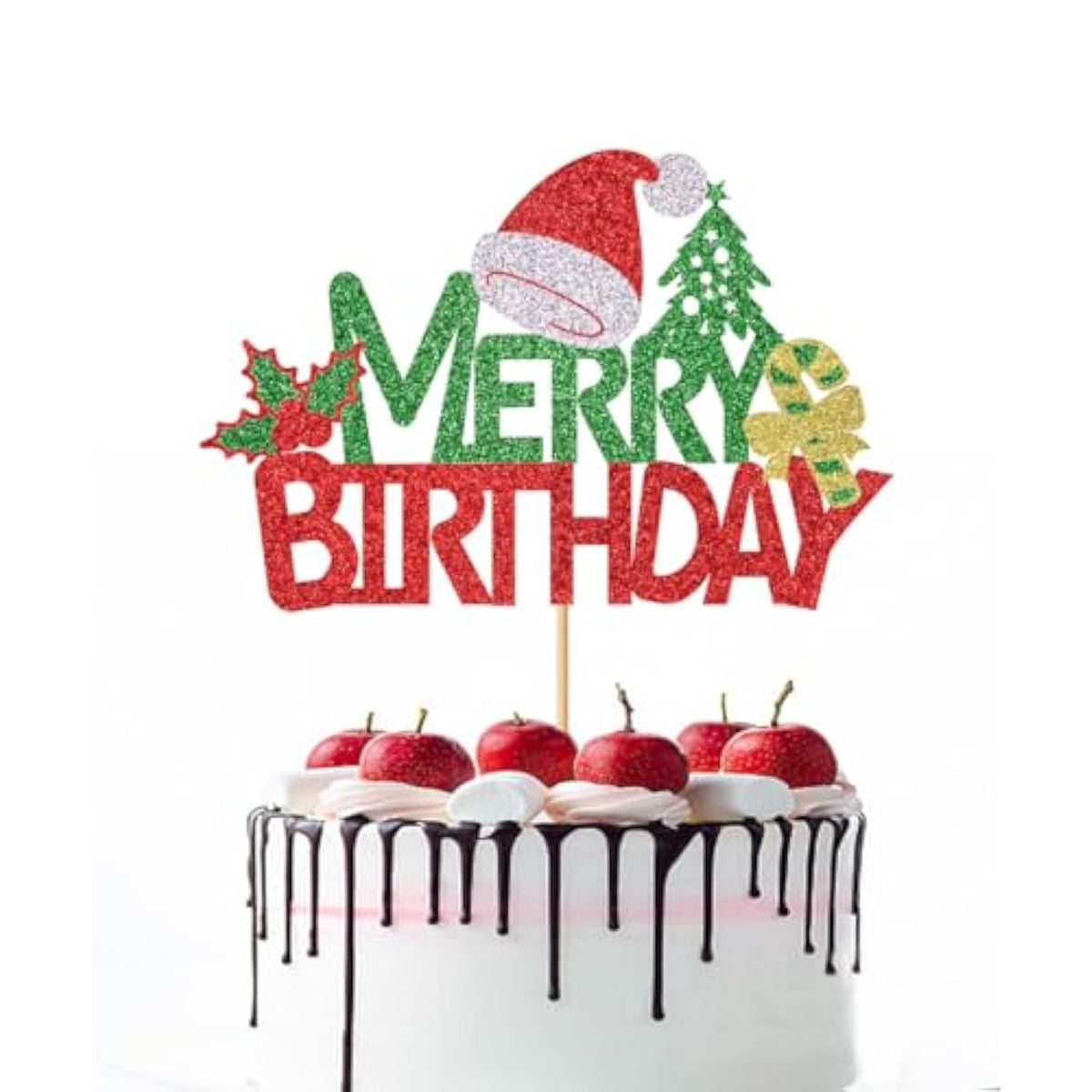 Merry Birthday Cake Topper,New Year Christmas Holiday Party Supplies,Red & Green Glitter Christmas Cake Decorations?Winter Holiday Cake Picks-Christmas Birthday Party Supplies(Birthday 2)