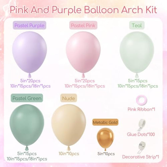 157Pcs Pastel Pink And Purple Balloon Arch Garland Kit, Pink Purple Teal Light Green Nude Metallic Gold Latex Balloons For Baby Shower Spring Garden Tea Party Decorations
