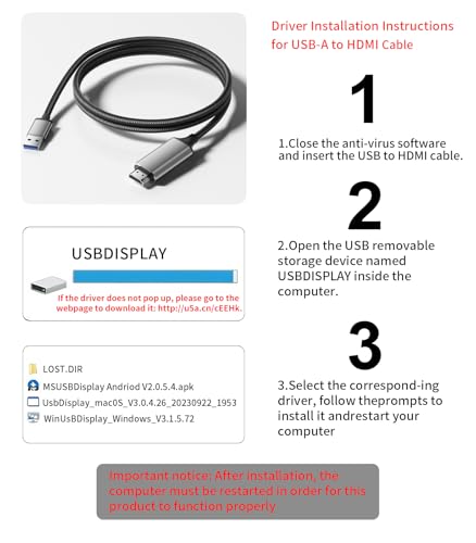 USB to HDMI Adapter Cable 6FT, 1080P@60Hz USB 3.0 to HDMI Multi-Display Cable Converter Suitable for Macos Windows 7/8/10/11 - Driver Installation is