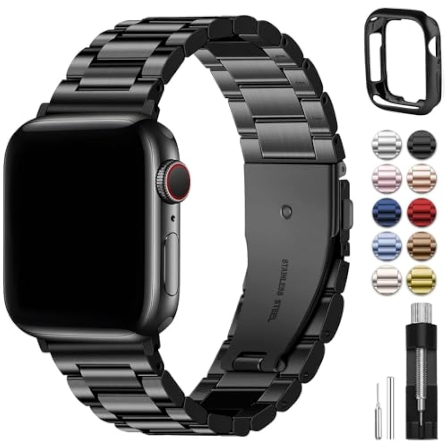 Compatible Apple Watch Bands 45Mm 44Mm 42Mm 46Mm 49Mm 41Mm 40Mm 38Mm, Metal Iwatch Band With Case For Apple Watch Series 9 8 7 6 5 4 3 2 1 Se 10 Ultra, 42Mm 44Mm 45Mm Black