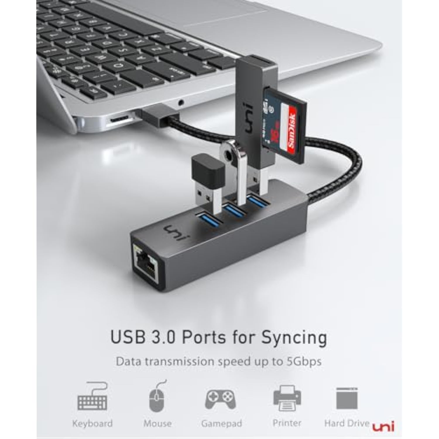 USB 3.0 to Ethernet Adapter, uni [High-Speed Gigabit] Network Hub, 4-in-1 Mult