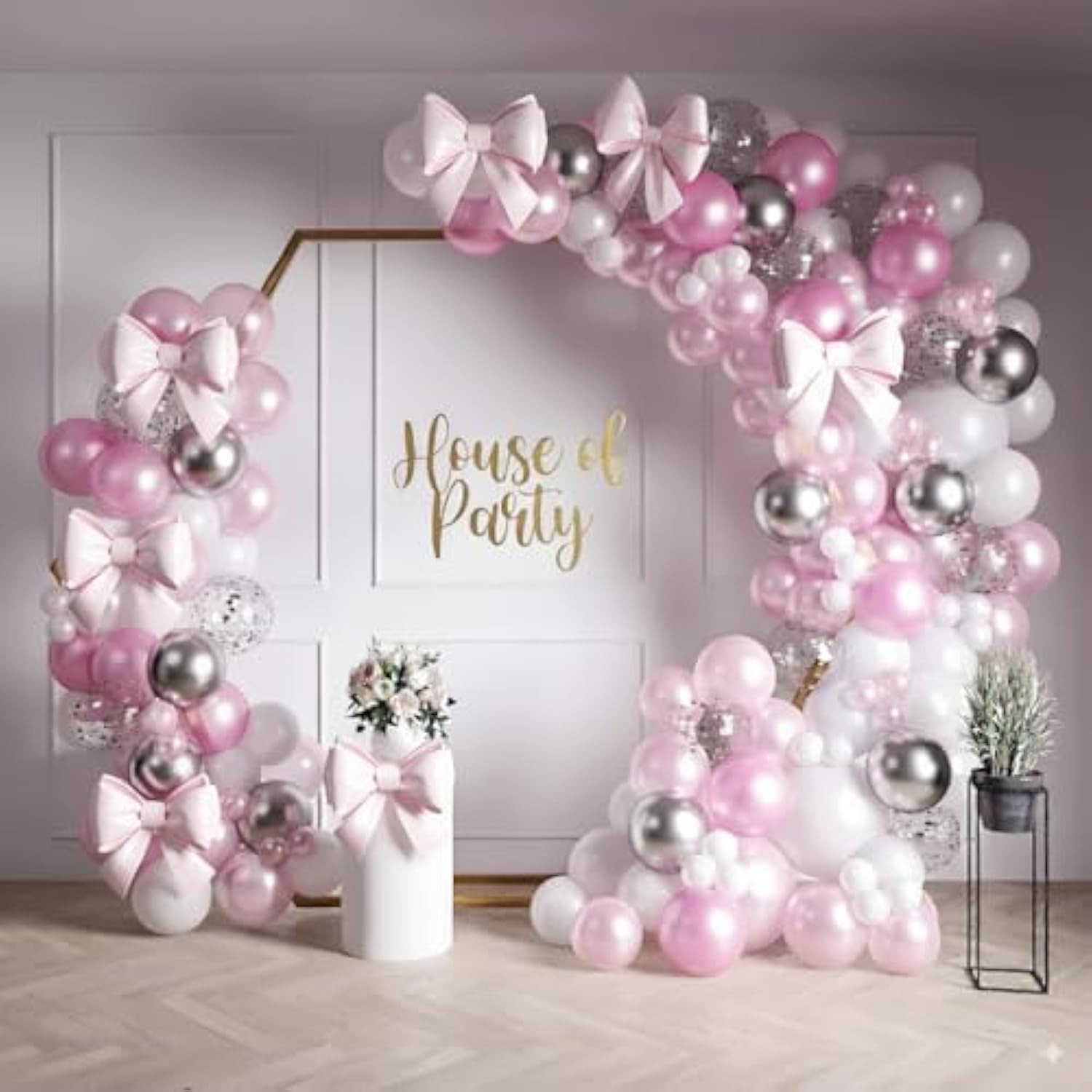 Pink And White Balloons Garland Kit 158 Pcs - Pink, Silver Metallic, Silver Confetti Balloon Arch | White And Hot Pink Birthday Decorations And Party Supplies