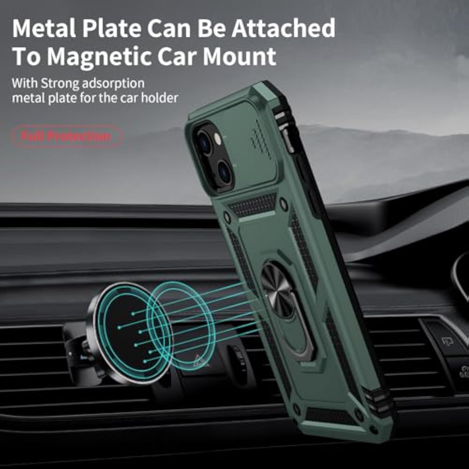 For Iphone 13 Mini Case With Camera Lens Cover, Hd Screen Protector, 10 Ft Military Grade Drop Protection, Magnetic Ring Holder Kickstand Protective Phone Case For Iphone 13 Mini (Pine Green)