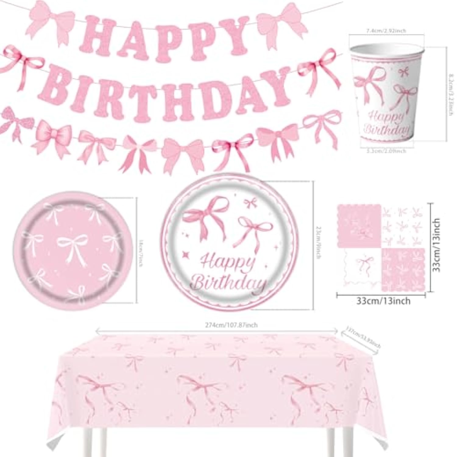 Pink Bow Party Supplies, Coquette Birthday Decorations With Bow Plates, Cups, Napkins, Tablecloth And Banner, Pink Birthday Decoration Serve 24, Bow Themed Tableware For Girls Bachelorette Party Decor