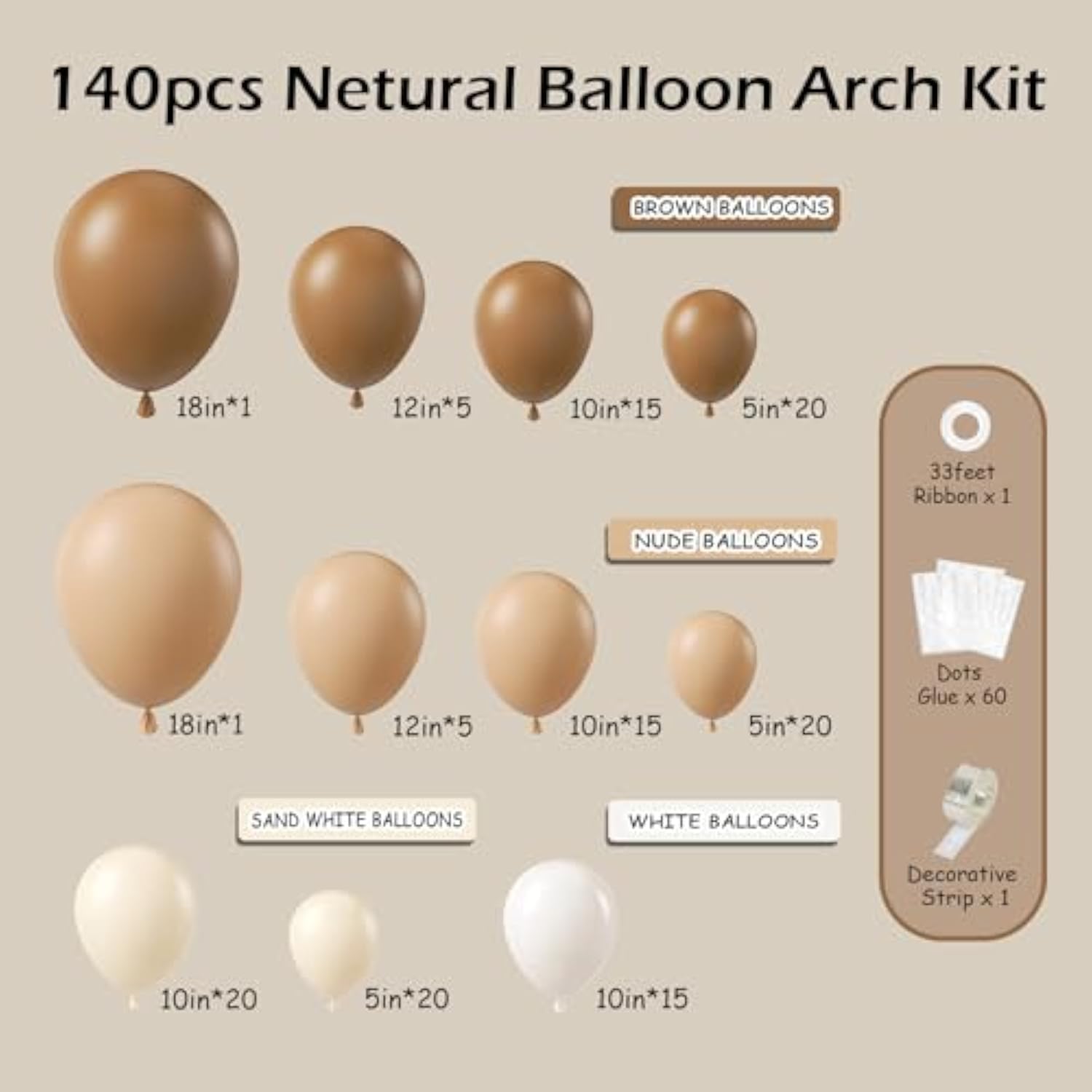140Pcs Neutral Balloon Garland Kit Brown Beige Tan Balloons for Baby Shower Party