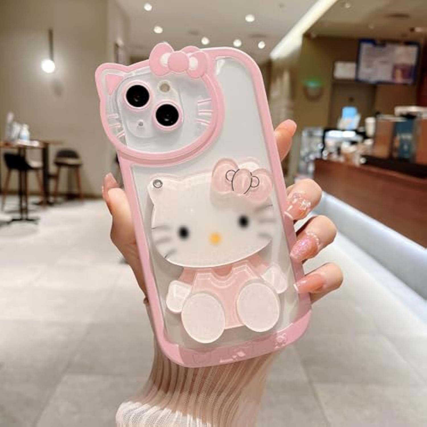 For Iphone Xr Cute Cartoon Case,Women Girls Kids 3D Bow Kawaii Pink Cartoon Face Makeup Mirror Soft Tpu Clear Protective Phone Cover 6.1Inch