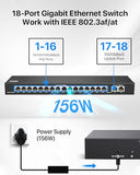 16 Port Gigabit Poe Switch With 2 Gigabit Uplink Ports, 156W For 16 Poe+ Ports, Ieee802.3Af/At, Unmanaged Ethernet Switch, Plug & Play, Sturdy Metal C