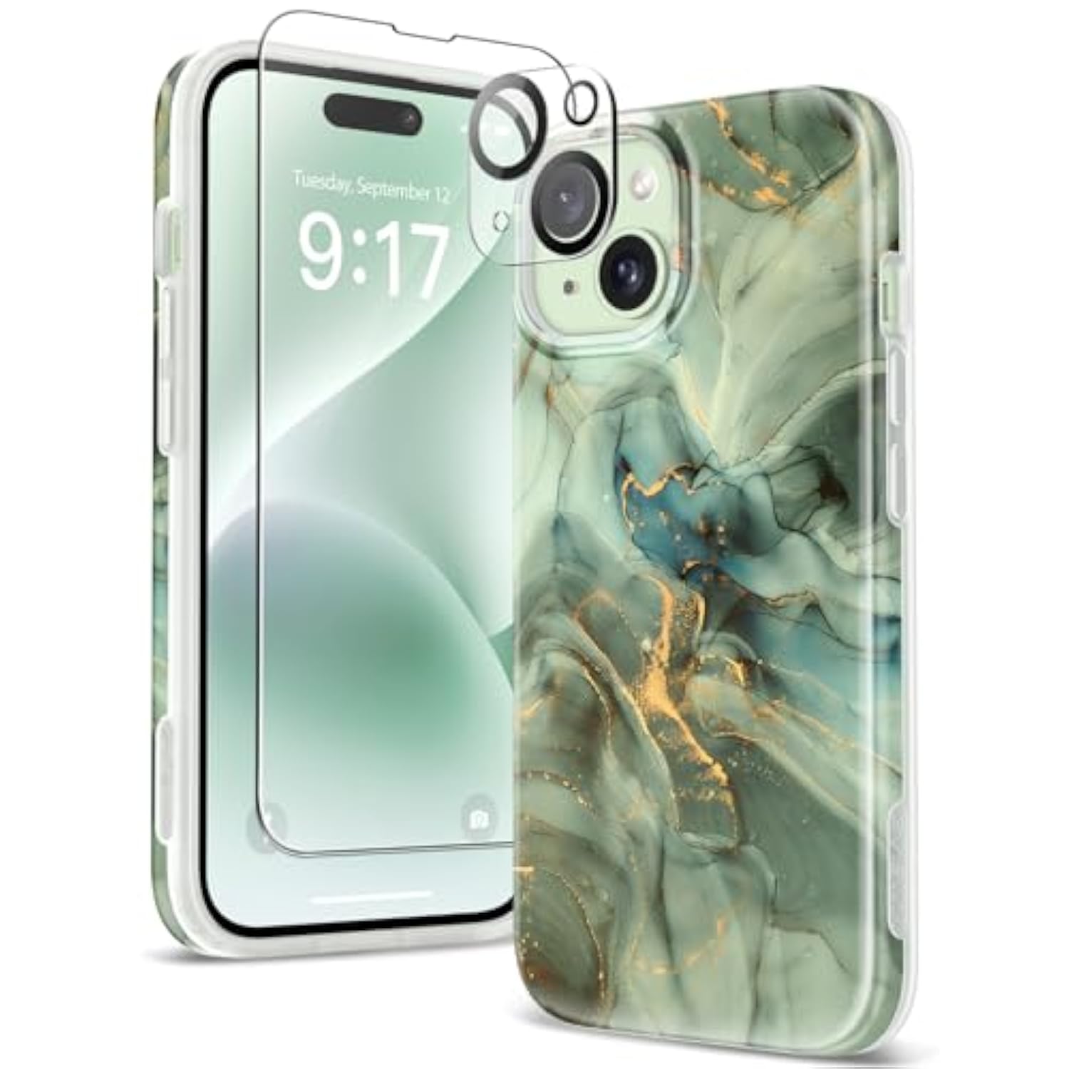 Marble For Iphone 15 Case, With Screen Protector & Camera Lens Protector, [10Ft Military Grade Drop Protection] Slim Tpu Phone Case Cover Women For Iphone 15 6.1" 2023 (Desert Dream/Green)
