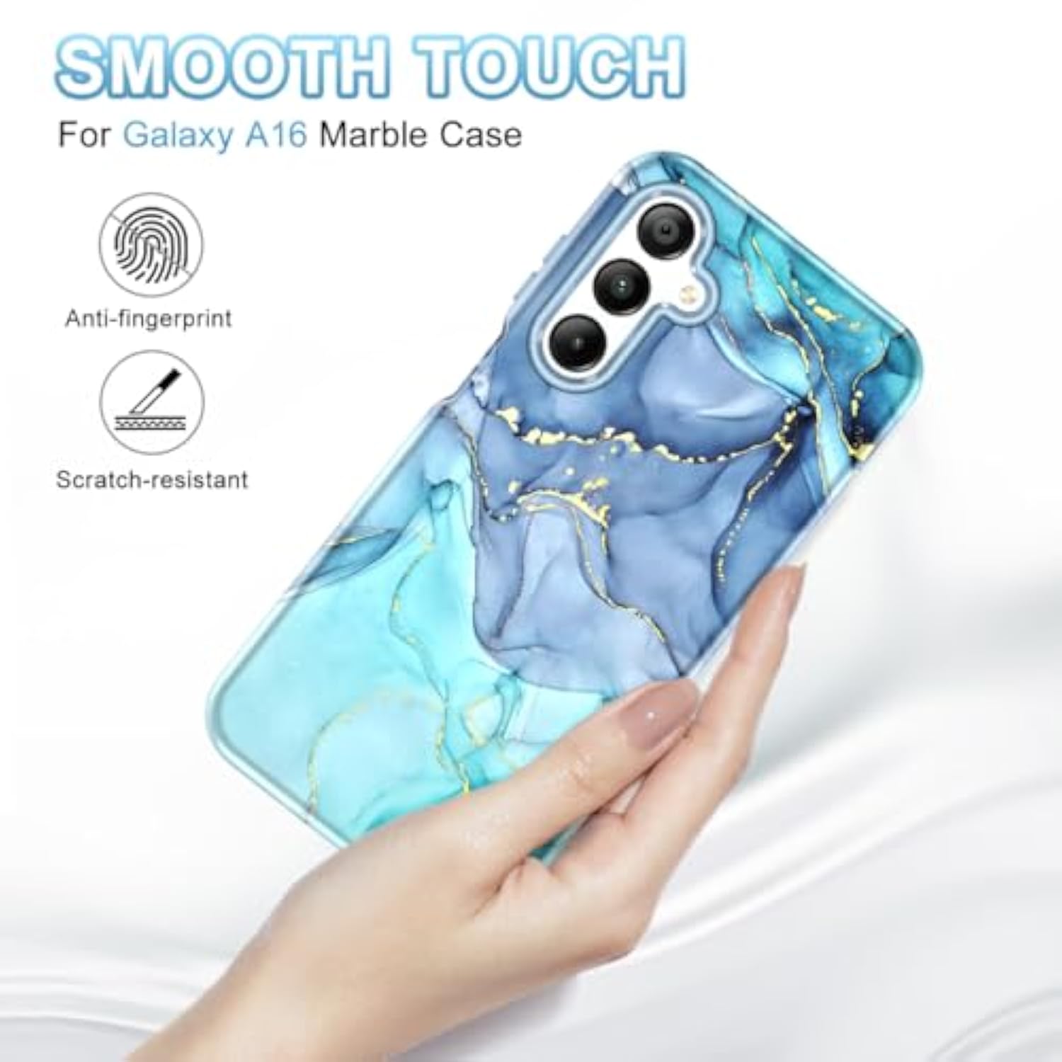 For Samsung Galaxy A16 5G Case, Marble Pattern 3 In 1 Heavy Duty Shockproof Full Body Rugged Hard Pc+Soft Silicone Drop Protective Women Girl Cover For Samsung Galaxy A16 5G,Blue Cyan