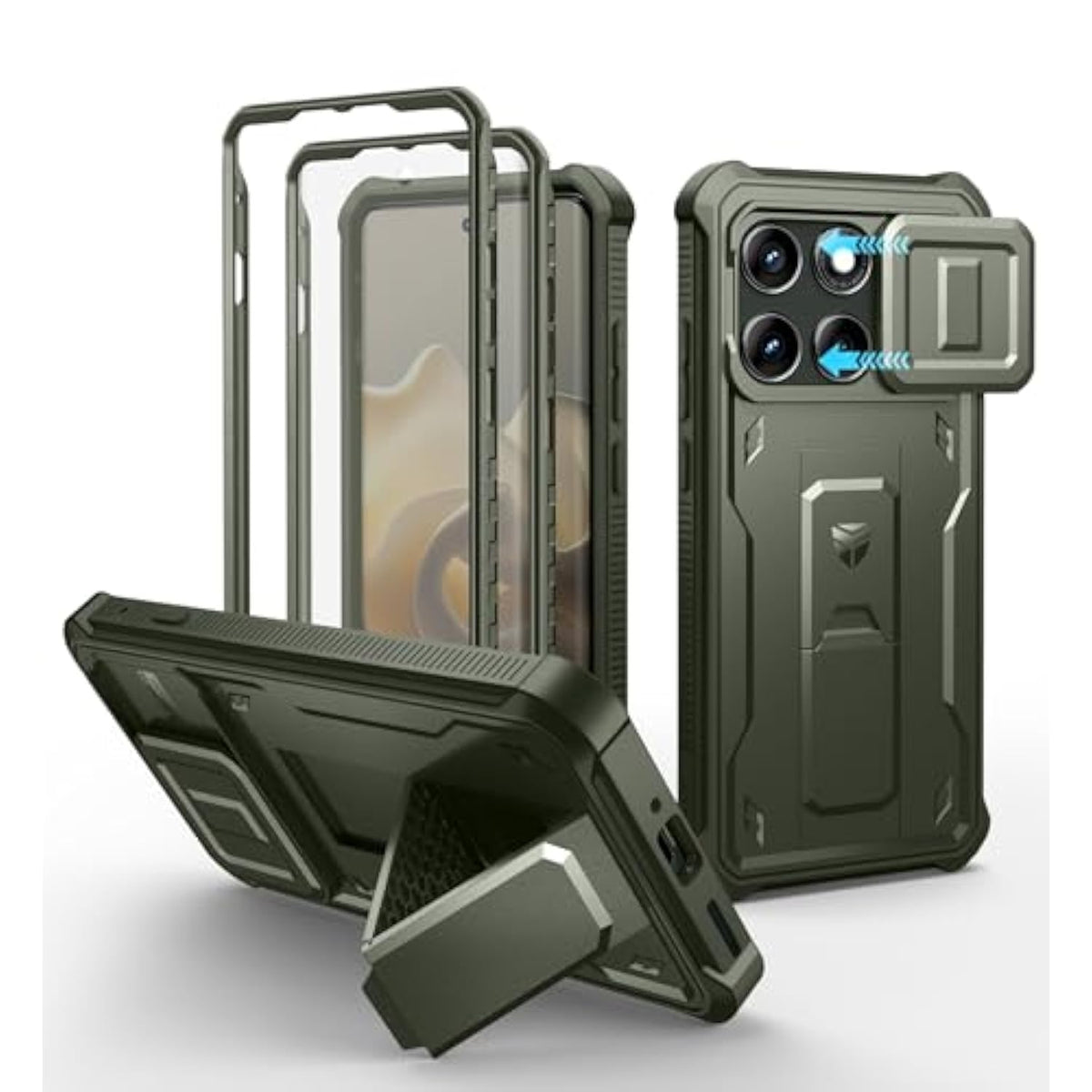 For Motorola Moto Edge 2025 Case, [2 Front Frame] [Built-In Magnetic Slide Camera Cover & Kickstand] Heavy Duty Protection Shockproof Phone Case With Screen Protector, 6.7 Inch Army Green