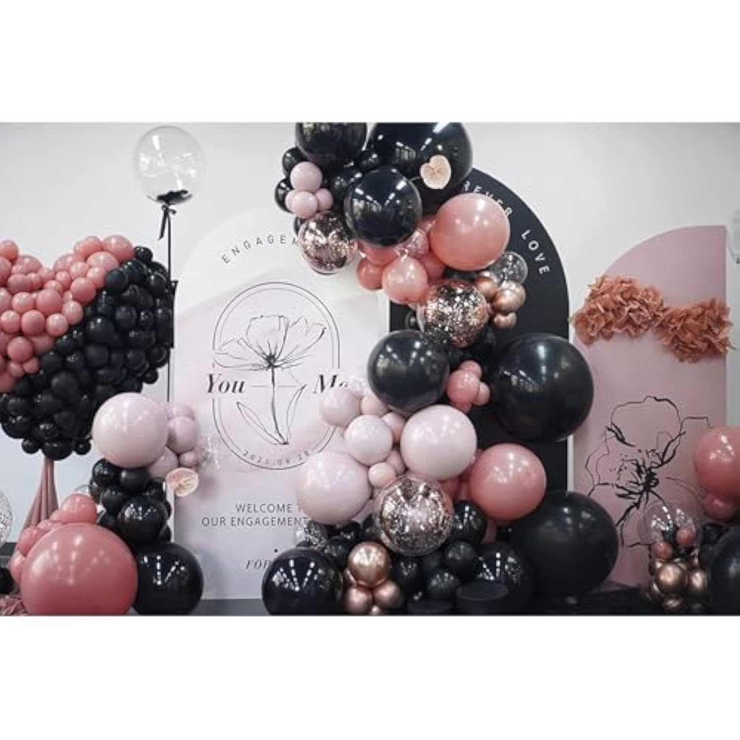 140 Pcs Black And Pink Balloon Garland Kit, Black, Pastel Pink, Dusty