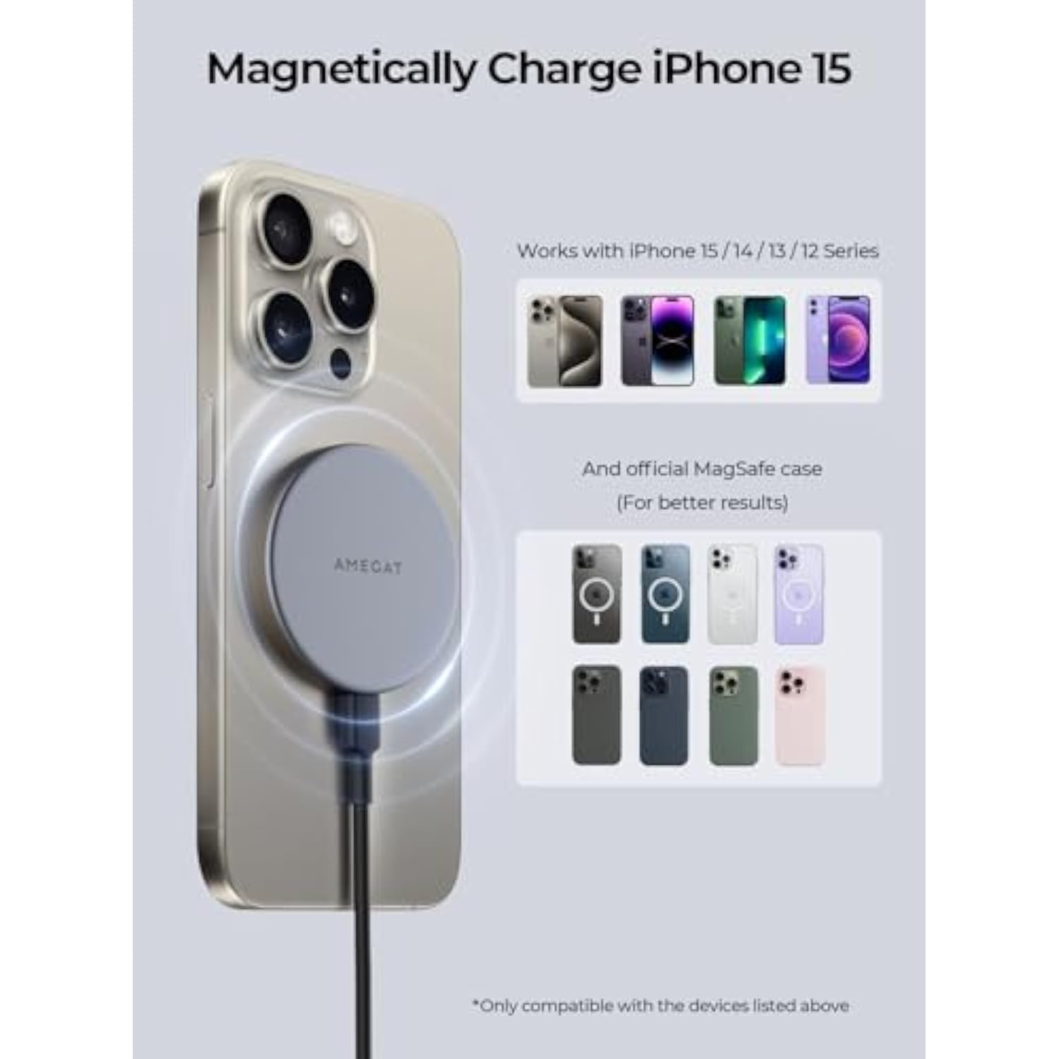 Magfusion Aura Magnetic Wireless Charger, Qi2 Certified 15W Ultra-Fast Charging Compatible With Magsafe, Wireless Charging Pad With 5Ft Cable For Iphone 15/14/13/12 (Charger Not Included)