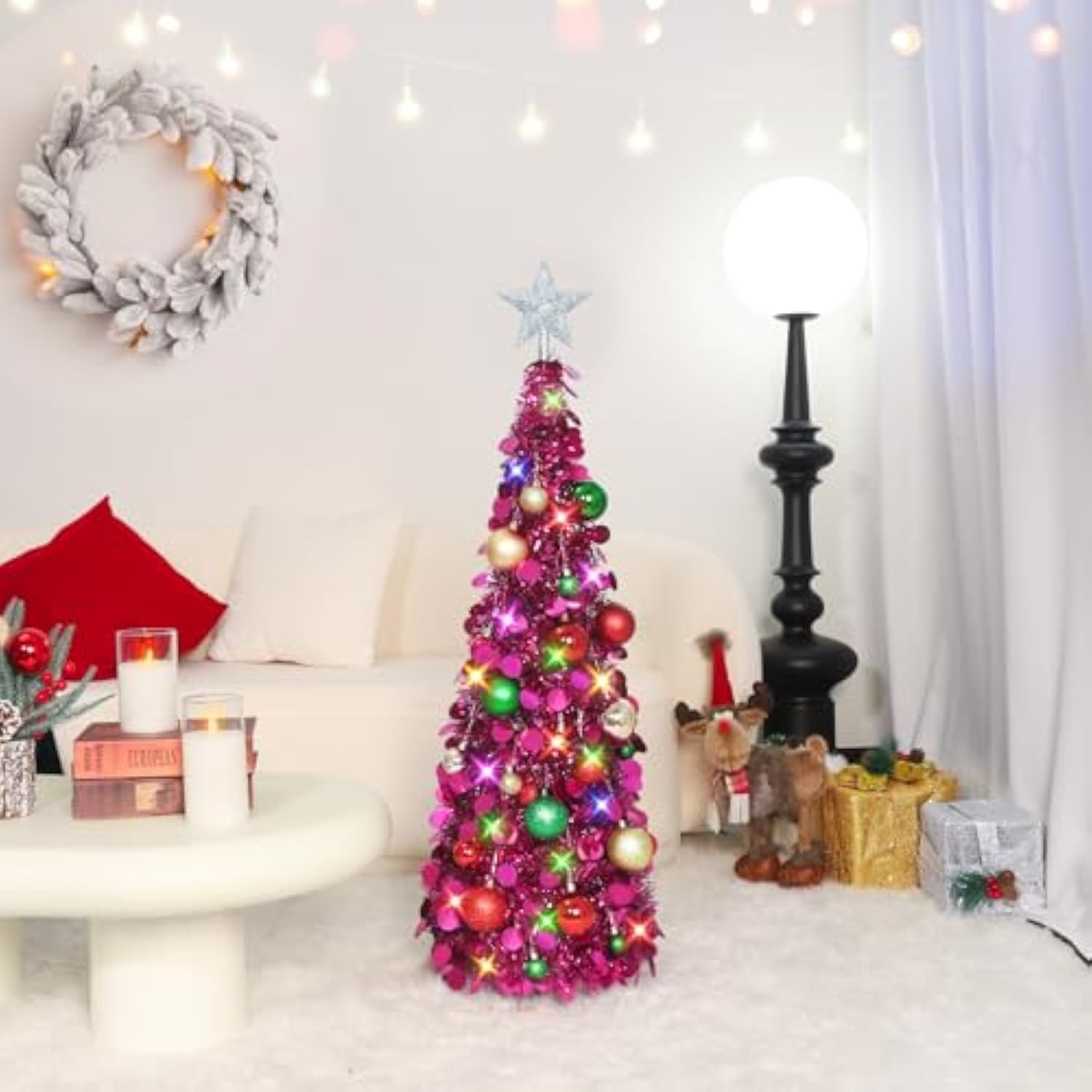Pop Up Christmas Tree With Lights, Collapsible Tinsel Xmas Tree Decorations, Pencil Christmas Tree Skinny Tree For Holiday Xmas Home Office Decor, 25 Balls, 3Ft, Fuchsia