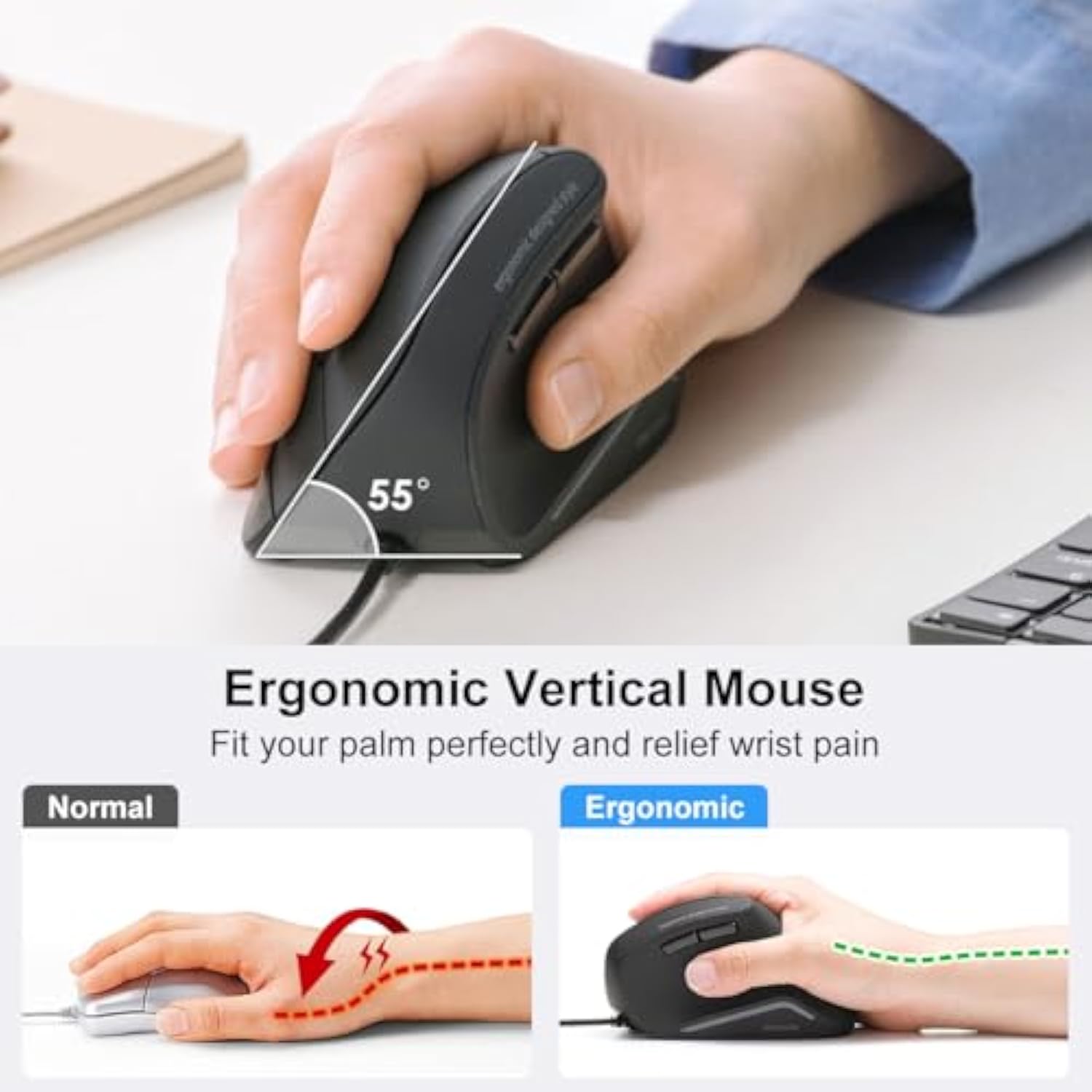 Wired Ergonomic Mouse, Optical Vertical Computer Mice, Reduce Wrist Strain, (1000/1600 Adjustable Dpi, 6 Buttons) Compatible With Macbook, Laptop, Desktop, Windows, Mac Os For Office & Gaming