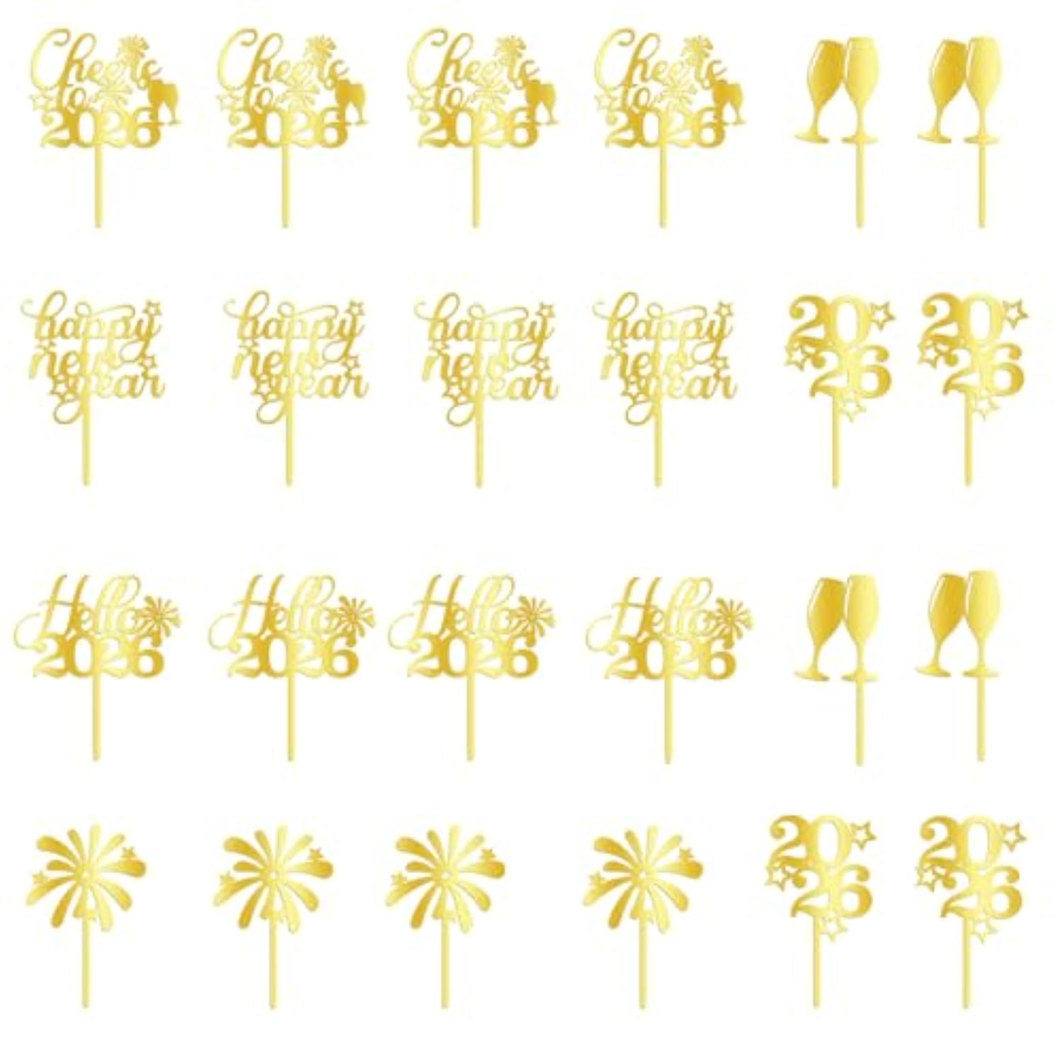 24pc Gold Acrylic 2026 New Year Cupcake Toppers