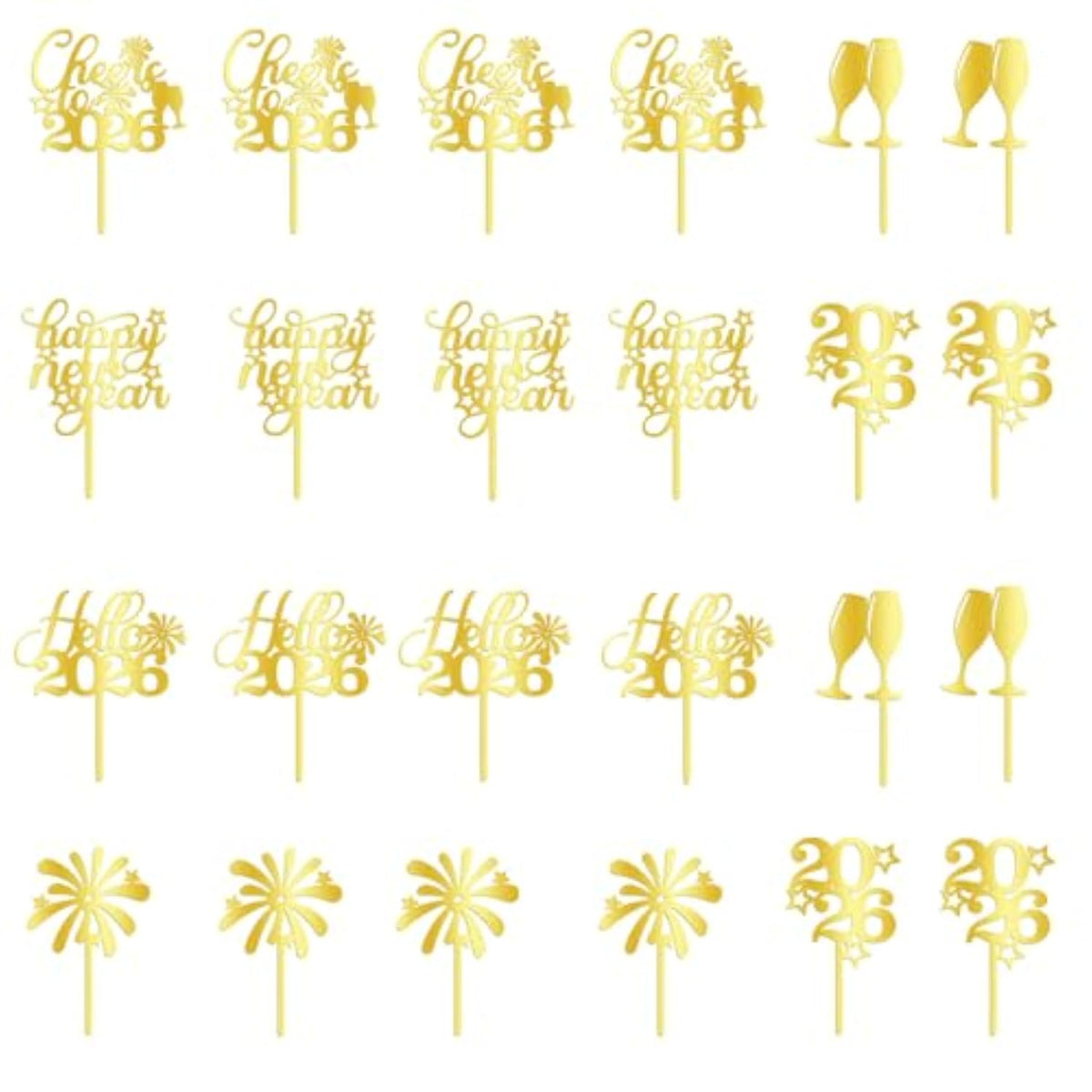 24pc Gold Acrylic 2026 New Year Cupcake Toppers